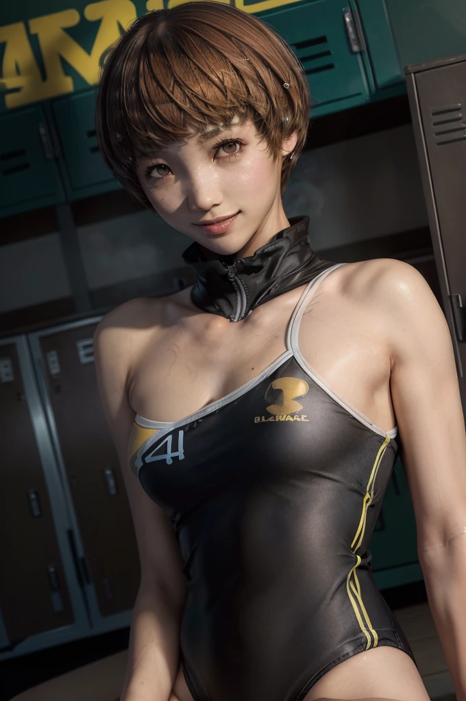 masterpiece,beautiful,最 high quality,Super detailed,Exquisite,  very detailed,  high quality,  very detailed,hughres,4K,8k，NSFW，(persona4:1.5)，(((Chie Satonaka:1.3)))，(smile:1.5)，((( short bob,Brown Hair:1.5)))，( locker room :1.5)，((Steam，Steaming:1.3))，(脇の皺， shows armpits，Armpit:1.3)，(School Swimsuit,ALL-black competitive swimsuit ,A competitive swimsuit that sticks perfectly to the skin:1.5), 