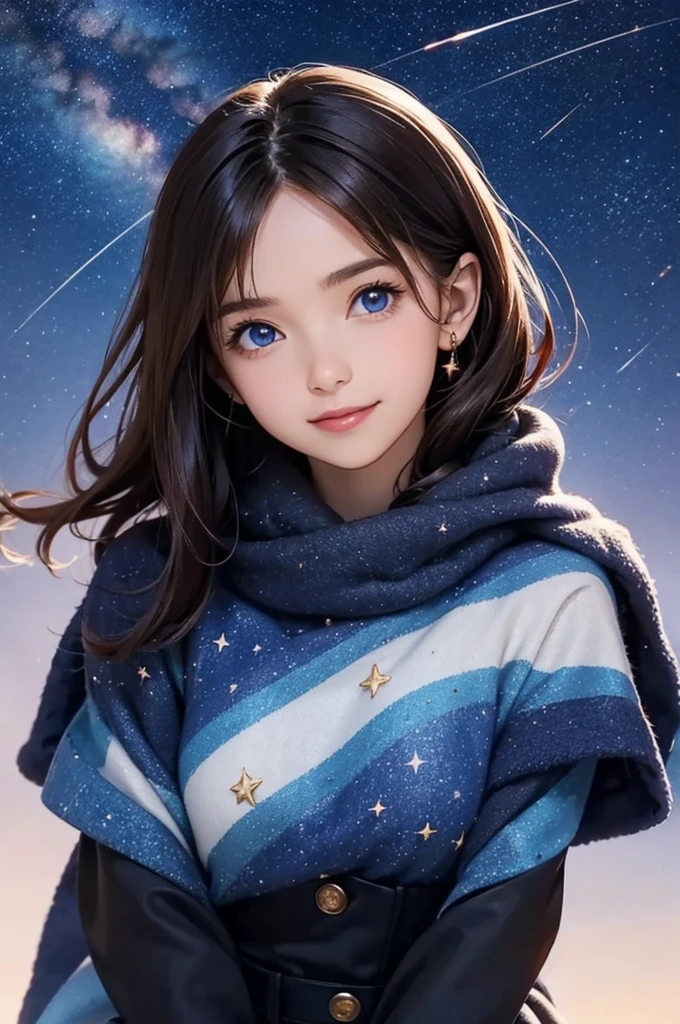  shiny brown hair,  short hair, ( Beautiful Brown Eyes、Sparkling Eyes, fine grain)、smile、  very beautiful eyes  、 high-definition face , Detailed eyes,
Night sky above the hills. winter, winter colors, winter landscape, Starry Sky,  sky blue Prussian blue cobalt blue purple cyan. Planet, Twinkle Star, meteor, wood々Is swaying in the wind , thre beautiful  girl in winter clothes observes the starry sky with a dreamy look.