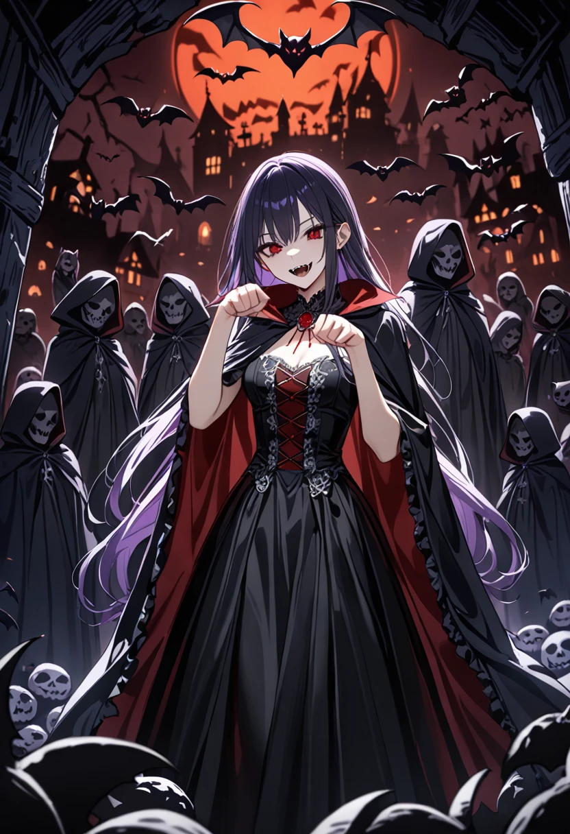 1girl,vampire,fangs, dark gothic, in the cave with a lot of bat on the top, beautiful img, (masterpiece:1.3),(best quality:1.1),(4K UHD),long hair, cloack,hide behind cloak in the night,eerie enviroment, paw pose, intricate clothes design,hallow