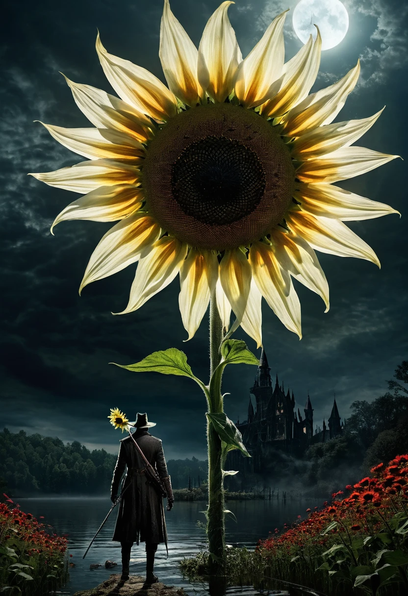  a bloodborne like hunter, Torch in left hand, Cane in right hand, lake（1.2）Standing at、One flower（1.5）The giant white sunflower of（1.4）I'm looking up at a monster in the shape of、background, 宇宙的なbackground,, Dark Fantasy Art  ,  Best Quality , Wide Shots ,  Ultra Wide Angle, 