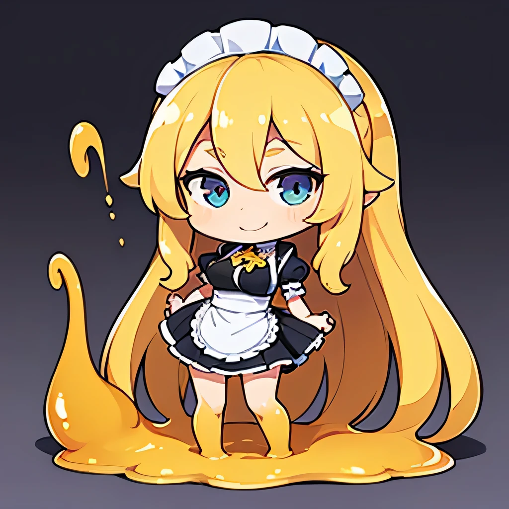 ((((masterpiece, best quality ,Ultra delicate, perfect face,detailed face,Detailed eyes,16k,high resolution)))),((golden long hair,high viscosity golden slime body:1.3,very cute golden slime girl, Melting below the legs:1.7,Best Anime,)), ,( 1 girl),Large Breasts,( short skirt Maid Costume ,cute smile:1.4),indoor,standing,cowboy shot,chibi