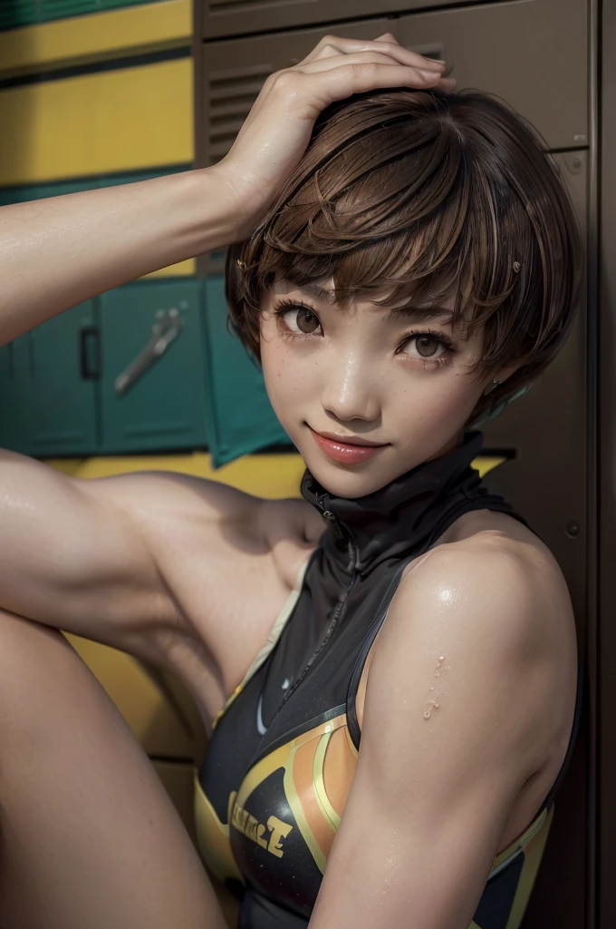 masterpiece,beautiful,最 high quality,Super detailed,Exquisite,  very detailed,  high quality,  very detailed,hughres,4K,8k，NSFW，(persona4:1.5)，(((Chie Satonaka:1.3)))，(smile:1.5)，((( short bob,Brown Hair:1.5)))，( locker room :1.5)，((Steam，Steaming:1.3))，(脇の皺， shows armpits，Armpit:1.3)，(School Swimsuit,ALL-black competitive swimsuit ,A competitive swimsuit that sticks perfectly to the skin:1.5), 