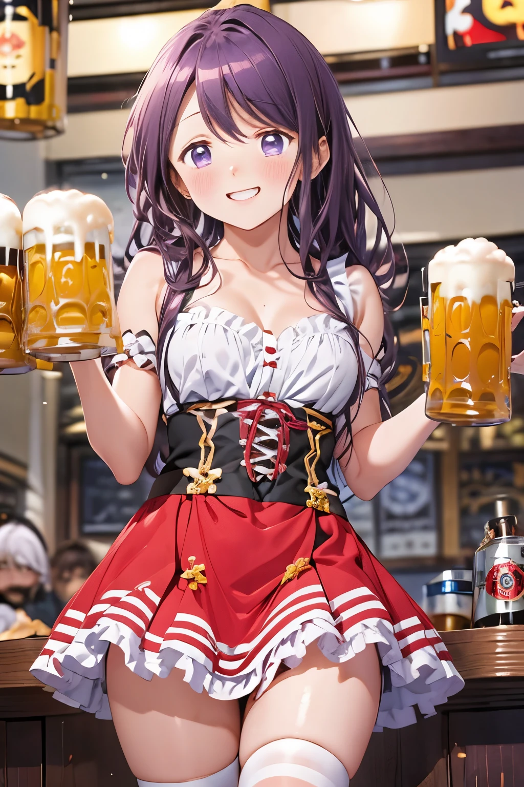 masterpieces, sharp focus, top quality, perfect body, perfect anatomy, perfect lighting, wide shot, 1girl, kubo nagisa, solo, purple hair, long hair, purple eyes, (bangs), (((blush))), laughing, upper-body,  beer counter, okt0b, holding 10 beer mags on tray. 
dark room. spotlights