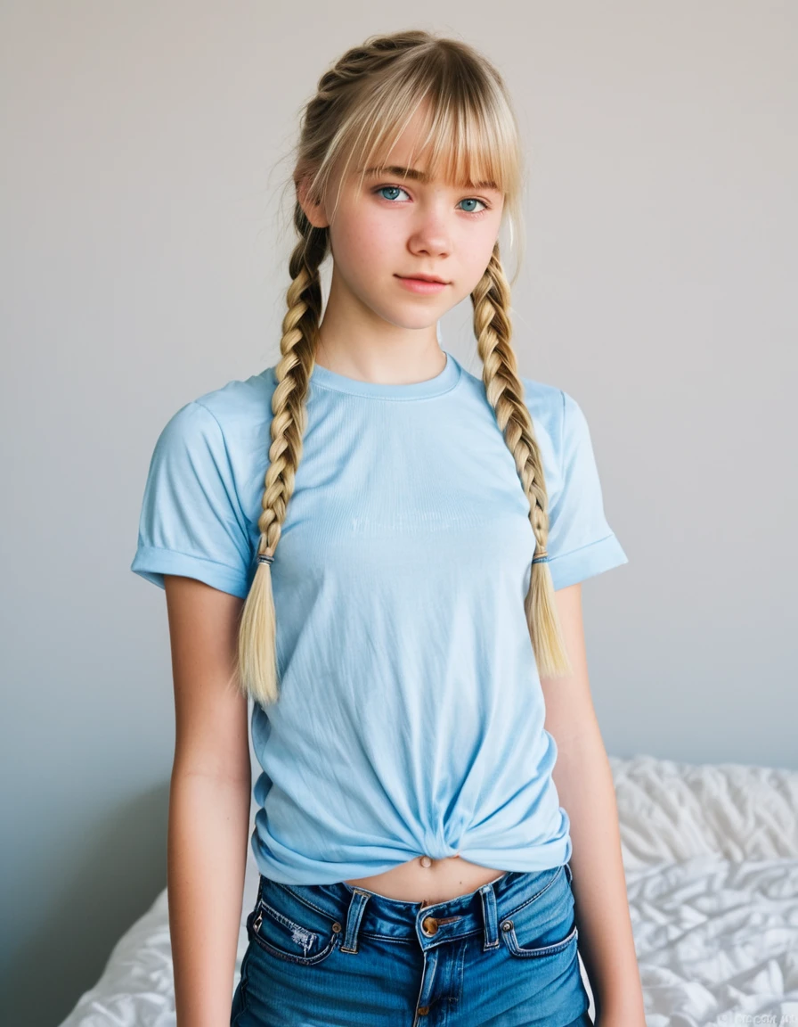 Ambient light,(12-years-old-girl:1.4), young face,front facing,Real Life photo , skinny body, flat breasts, shy face, thin face, t-shirt and jeans, light blonde complexion, pale blue eyes, shy face,blonde hair, (braided hair:1.4), bangs, waist-length hair, shy pose, standing, bedroom background, masterpiece, daylight, detailed face, detailed eyes 