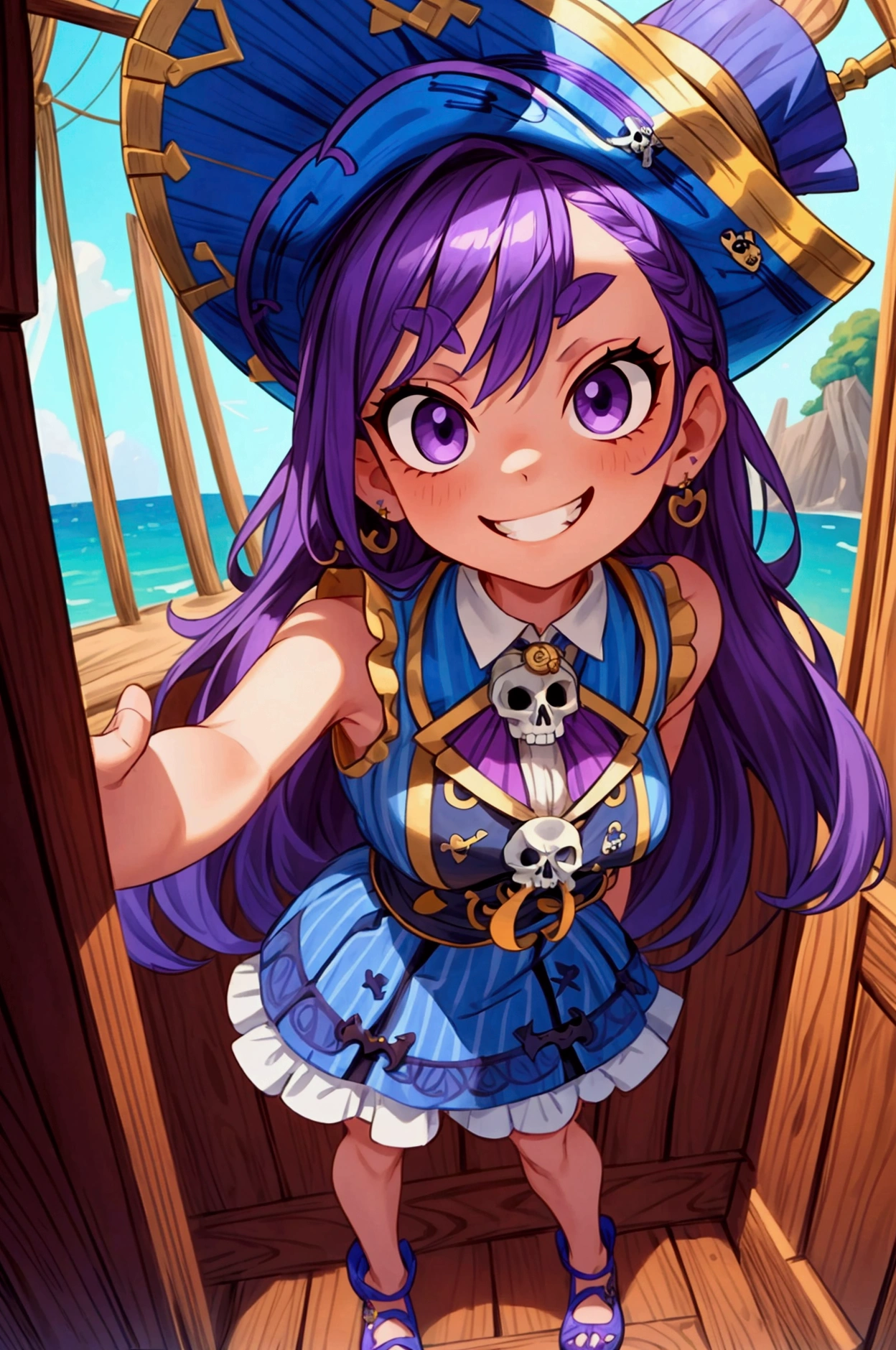 masterpiece:1.2, best quality, risky, blue skin:0.6-0.8, pirate hat, choker, wrist cuffs, hoop earrings, bustier, purple pants, high heels, smiling, teeth, upper body, pirate ship, beach , looking at viewer  <lora:risky-nvwls-v1-final:0.8>
