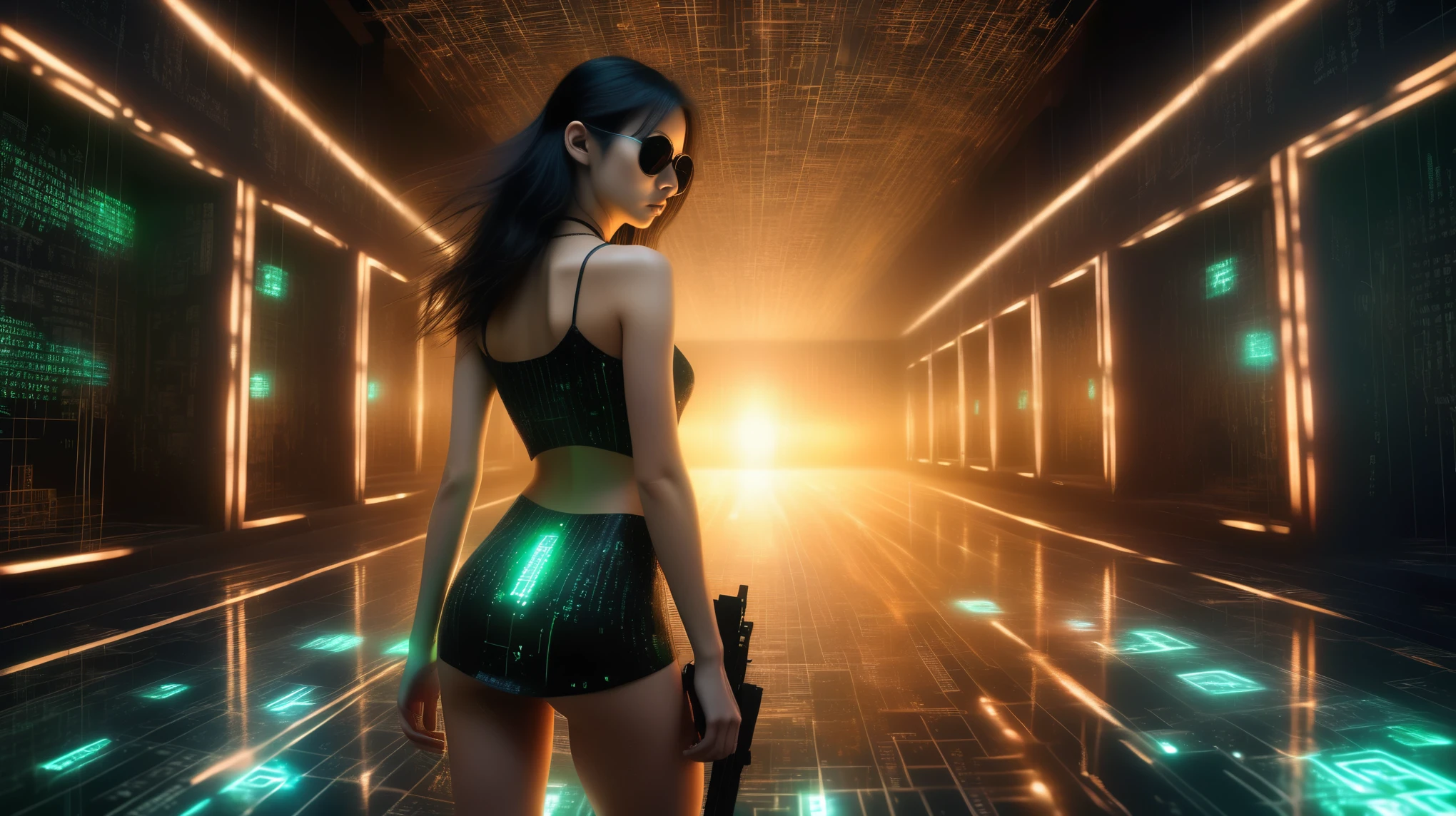 Aerial view, (flying vehicle), sci-fi outdoor maze as background. Matrix style, at night, dark sky. (1girl, solo), photo realistic, large-breast:1.2 slim:0.9 body, cleavage:1.2, tube top, miniskirt, (matrix style black sunglasses), (holding a mini:1.1 stun gun), half-body thigh level medium shot, cinematic lighting, ray tracing.