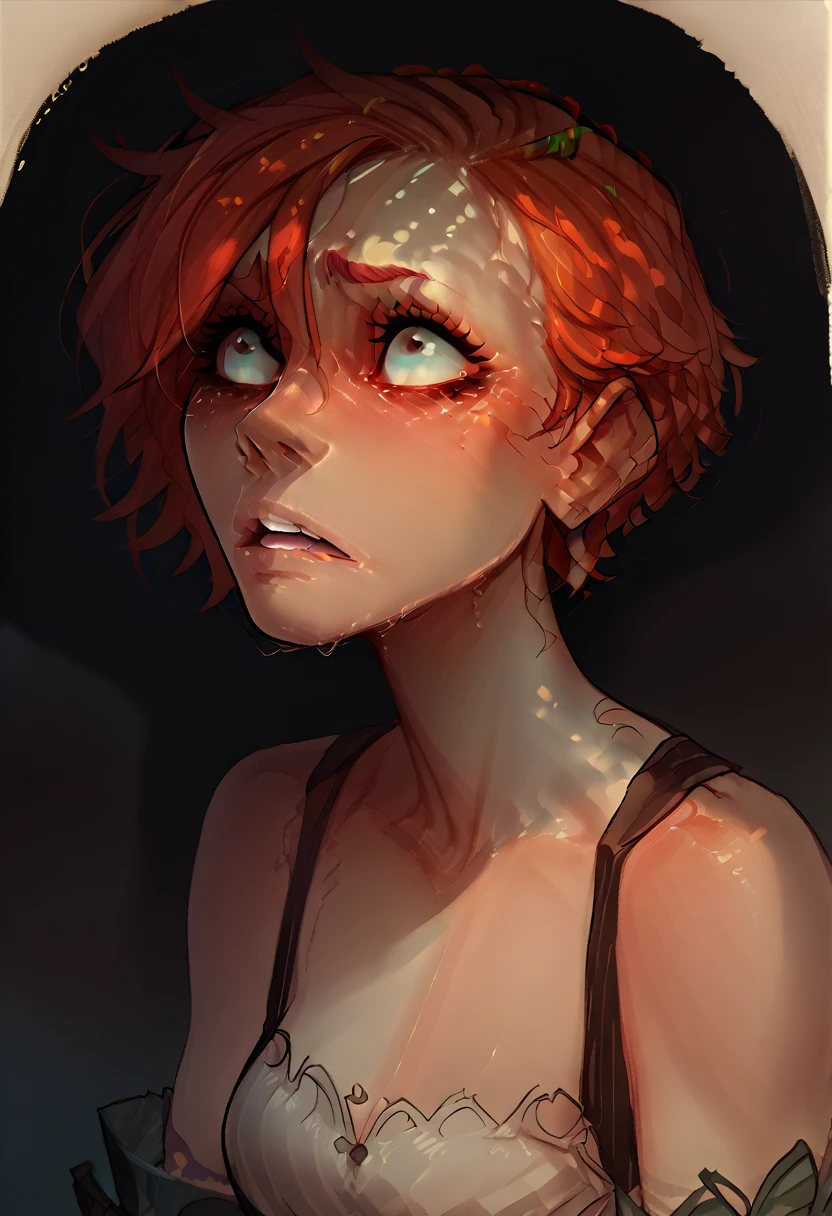 A red-haired girl with short hair and pinched eyes