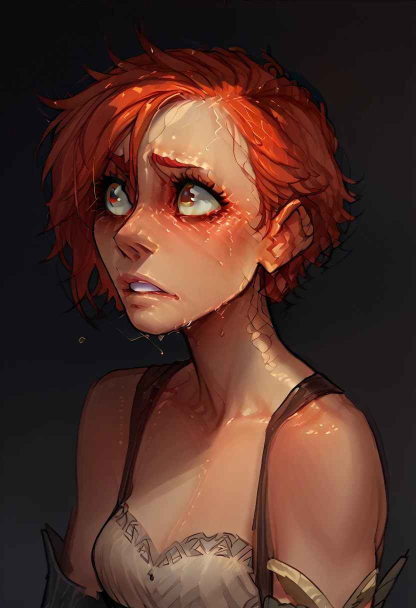 A red-haired girl with short hair and pinched eyes