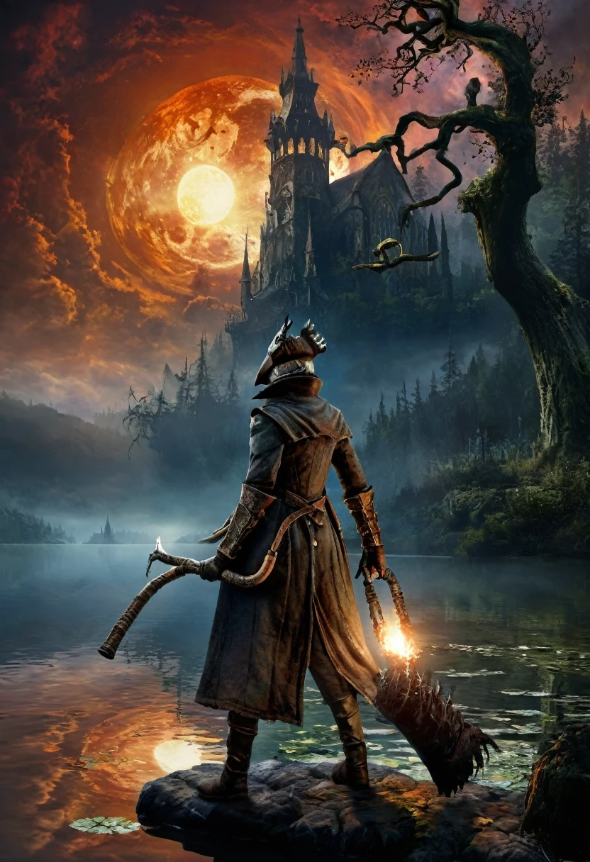  a bloodborne like hunter, Torch in left hand, Cane in right hand, lake（1.2）Standing at、Looking up at Ebrietas , Daughter of the Cosmos（1.4）を見上げている、background, 宇宙的なbackground,  Dark Fantasy Art  ,  Best Quality , Wide Shots ,  Ultra Wide Angle, 