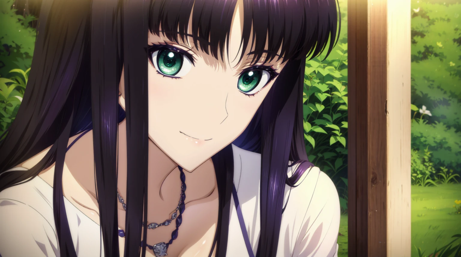   Anime Girl with Long Black Hair and Blue Eyes,  anime visuals of cute girls,  Closeup Iwakura  ,  Anime Moe Art Style  , Anime portrait of Shiina Ringo, Anime Best Girl ,  Young Woman Anime Visual , close-up , Close up shot of Iwakura Ina , Official anime stills,  cute natural anime face  , Connecting UHD and 8K , High image quality, CGの Details,  high quality shadows,  Details Beautiful Delicate Face  ,  beautiful and delicate eyes  ,break( Highly  Details 8K Wallpaper ),(High-definition CG 8K wallpaper),Makima (  Chainsaw Man),Scathach (destiny/Grand Order),Reika Shimodaira ,there is nothing, Very Delicate and Beautiful CG Illustrations ,top-quality, Realistic Feeling ,Realistic Fabric,Realistic texture,  Beautiful Thighs,  big breasts thin waist  ,(((masterpiece))), (((最  high quality))),8k,32K,​masterpiece,  beautiful attractive anime woman,  Ultra High Definition,超 Details, High image quality, 超現実的な high school students,Masseter region, 最  high quality,  high quality, High image quality,  high qualityのテクスチャ,  high qualityの影, 高 Details,  Details ,1 personの少女,  high school students,Alone,I,1 personしかいない,Alone,1 person,Tall,AS-Adult,Mature atmosphere  ,Leg length, beautiful long legs ,8 heads,:171cm,Mature Girls,Purple Hair,Purple Hair,Purple Hair, Keep Your Hands Down ,  Silky Smooth Hair  ,  colorful hair,  straight hair,smile, they're smiling happily ,  vibrant expression  ,かわいいsmile,Cool Beauty,Beautiful woman,Beautiful Face, Beautiful realism,  seductive expression  , Bewitching looks ,Quiet look,Beautiful Hair, She wears a  necklace  around her neck ,  necklace  ,ビーズ  necklace  ,Magatama Accessories,smile,  colorful eyes  , green eyes ,Jade green eyes,  beautiful eyes,Bright Eyes,  beautiful eyes, Jewel Eyes ,Jade Eyes,Droopy eyes,(green eyes:1.5),  seductive face  ,,  Sleeveless,  Turtleneck,sweater,JINS,Blue denim pants,Ladies' bag  , Behind the shoulder ,Daytime,Urban Department,walk,holiday,Takeaway, Busy Street ,Low Fashion,Blue Sky,Building Street,Model Photo,,outside,Takeaway,  Negative Prompts 