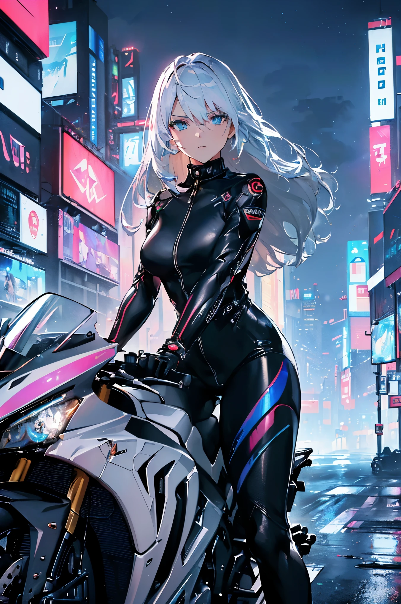 (((Best quality, 8k, Masterpiece: 1.3)), ((best quality)), ((masterpiece)), (detailed), photorealistic, perfect face, A futuristic female motorcycle racer with silver hair flowing in the wind, riding a sleek, high-tech bike at high speed. She wears a sci-fi inspired bodysuit with metallic accents, designed aerodynamically for speed and agility. Her intense expression shows focus as she races through a neon-lit, futuristic cityscape with tall buildings, holographic billboards, and glowing trails of light behind her bike. The scene is dynamic and fast-paced, capturing the energy of a high-speed race in a high-tech, cyberpunk world.