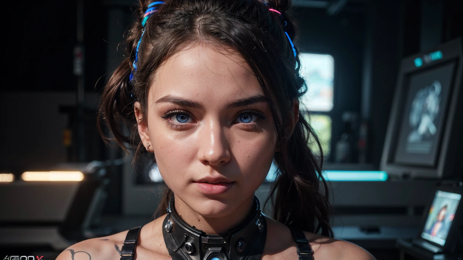 a cute very young futuristic cyborg girl, 2 ponytails, extremely detailed mid-sized breasts, extremely muscular six-pack abs, extremely detailed muscles, multicolored hair, (best quality,4k,8k,highres,masterpiece:1.2),ultra-detailed,(realistic,photorealistic,photo-realistic:1.37),fantasy,intricate details,highly detailed skin,extremely detailed facial features,beautiful detailed eyes,beautiful detailed lips,extremely detailed eyes and face,longeyelashes,solo,dynamic pose,dramatic lighting,vibrant colors,neon lights,digital art,concept art