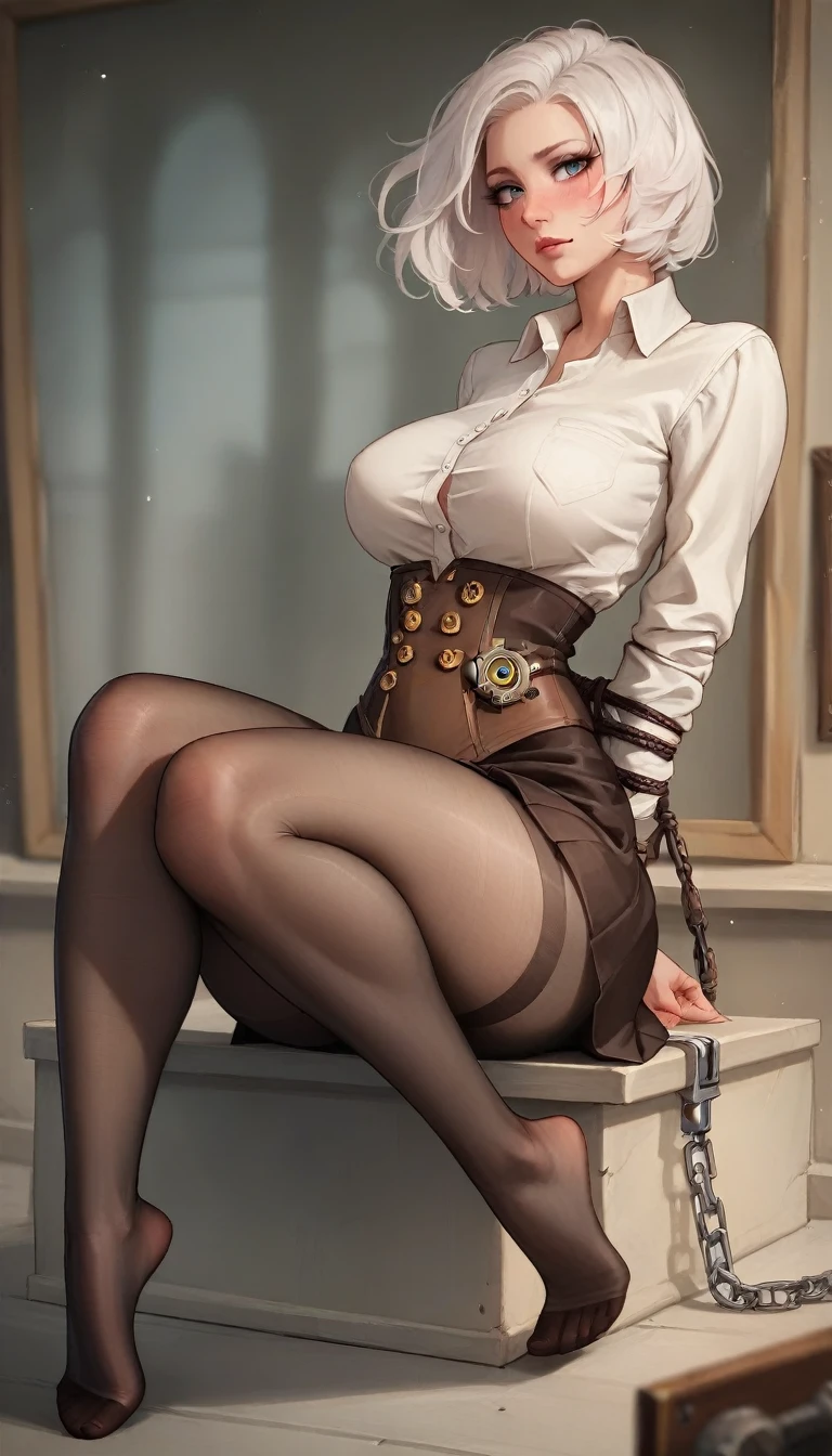 (((steampunk))),ultra realistic 8k cg, picture-perfect face, flawless, clean, masterpiece, professional artwork, famous artwork, perfect face, beautiful face, beautiful eyes, ((perfect female body)),large breasts, solo,, ,skirt,,blush,seductive expression,extremely detailed_eyes,thick thighs,((white hair)), short hair,, beautifully detailed background,depth of field,,bdsm,skindentation,full body,shirt,, pantyhose,