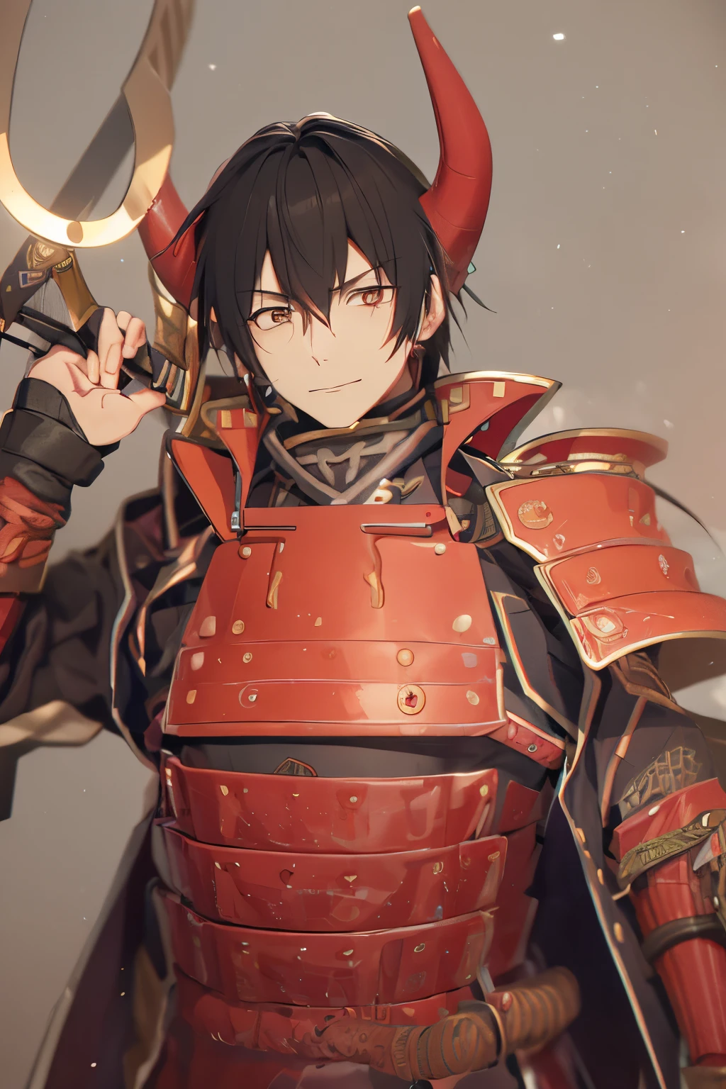 score_9,score_8_up,score_7_up,source_anime,samurai,short red black hair,open mouth,polearm,***ung man, fearless smile, Helmet with large devil horns, helmet with a large white fur, rugged physique, red armor with battle coat, holding a large spear,