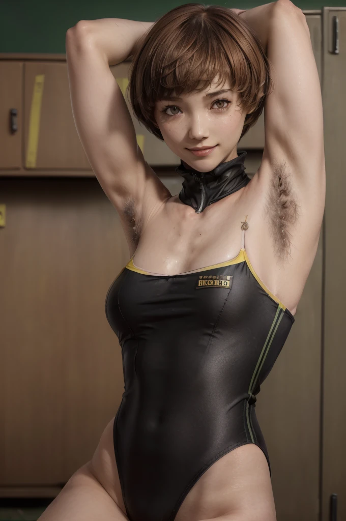 masterpiece,beautiful,最 high quality,Super detailed,Exquisite,  very detailed,  high quality,  very detailed,hughres,4K,8k，NSFW，(persona4:1.5)，( Satonaka Chie:1.5)，(smile:1.5)，((( short bob,Brown Hair:1.5)))，( locker room :1.5)，((Steam，Steaming:1.3))，(((脇の皺， shows armpits，Armpit,Armpit_hair:1.3)))，(School Swimsuit,ALL-black competitive swimsuit ,A competitive swimsuit that sticks perfectly to the skin:1.5), 