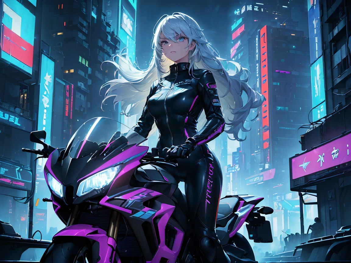 (((Best quality, 8k, Masterpiece: 1.3)), ((best quality)), ((masterpiece)), (detailed), photorealistic, perfect face, A futuristic female motorcycle racer with silver hair flowing in the wind, riding a sleek, high-tech bike at high speed. She wears a sci-fi inspired bodysuit with metallic accents, designed aerodynamically for speed and agility. Her intense expression shows focus as she races through a neon-lit, futuristic cityscape with tall buildings, holographic billboards, and glowing trails of light behind her bike. The scene is dynamic and fast-paced, capturing the energy of a high-speed race in a high-tech, cyberpunk world.