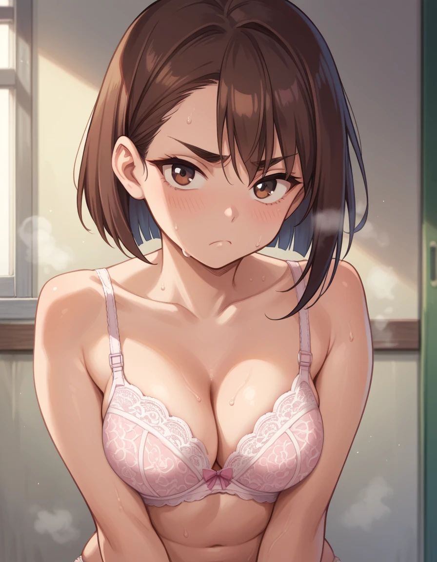 momo ayase, short hair, brown hair, brown eyes, bangs, thick eyebrows, medium breasts,,,,,looking viewer,sweating,steaming,frown,pastel color lace bra,lace panties,slender