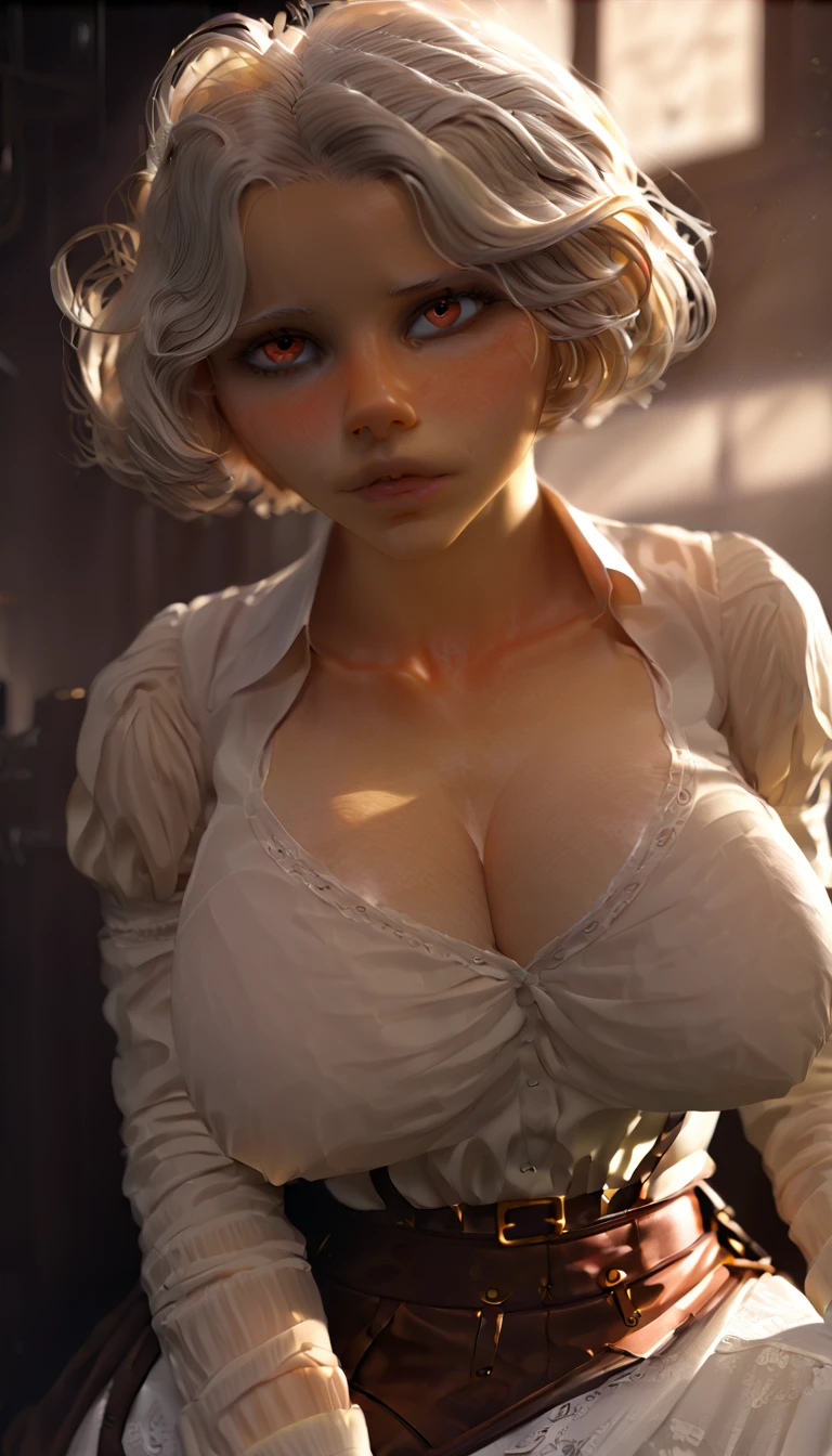 (((steampunk))),ultra realistic 8k cg, picture-perfect face, flawless, clean, masterpiece, professional artwork, famous artwork, perfect face, beautiful face, beautiful eyes, ((perfect female body)),large breasts, solo,, ,skirt,,blush,seductive expression,extremely detailed_eyes,thick thighs,((white hair)), short hair,, beautifully detailed background,depth of field,,bdsm,skindentation,full body,shirt,, pantyhose,