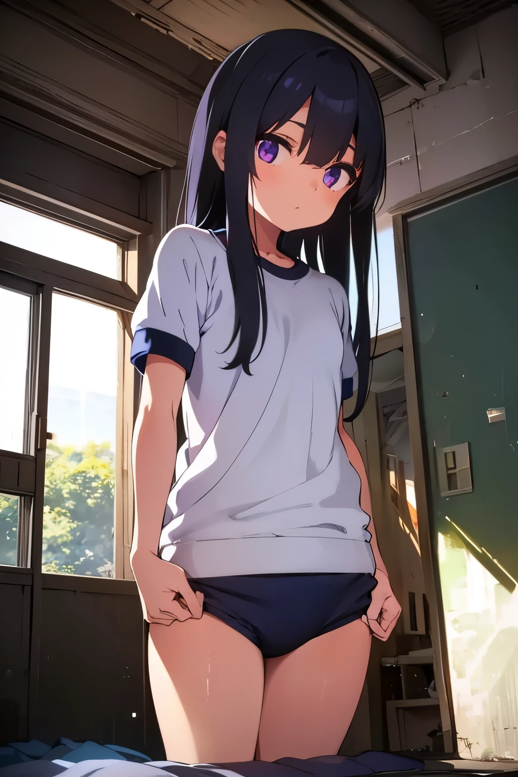 Elementary school student, , toddler, flat chest 　Thin limbs　Black hair, long hair, purple eyes　（（One person）） Upper body gym suit　Navy blue bloomers　White socks　Platform sneakers　Abandoned house　 standing 　 Lower body center 　Upper body close-up　 dynamic angle that kept getting violated　 low angle