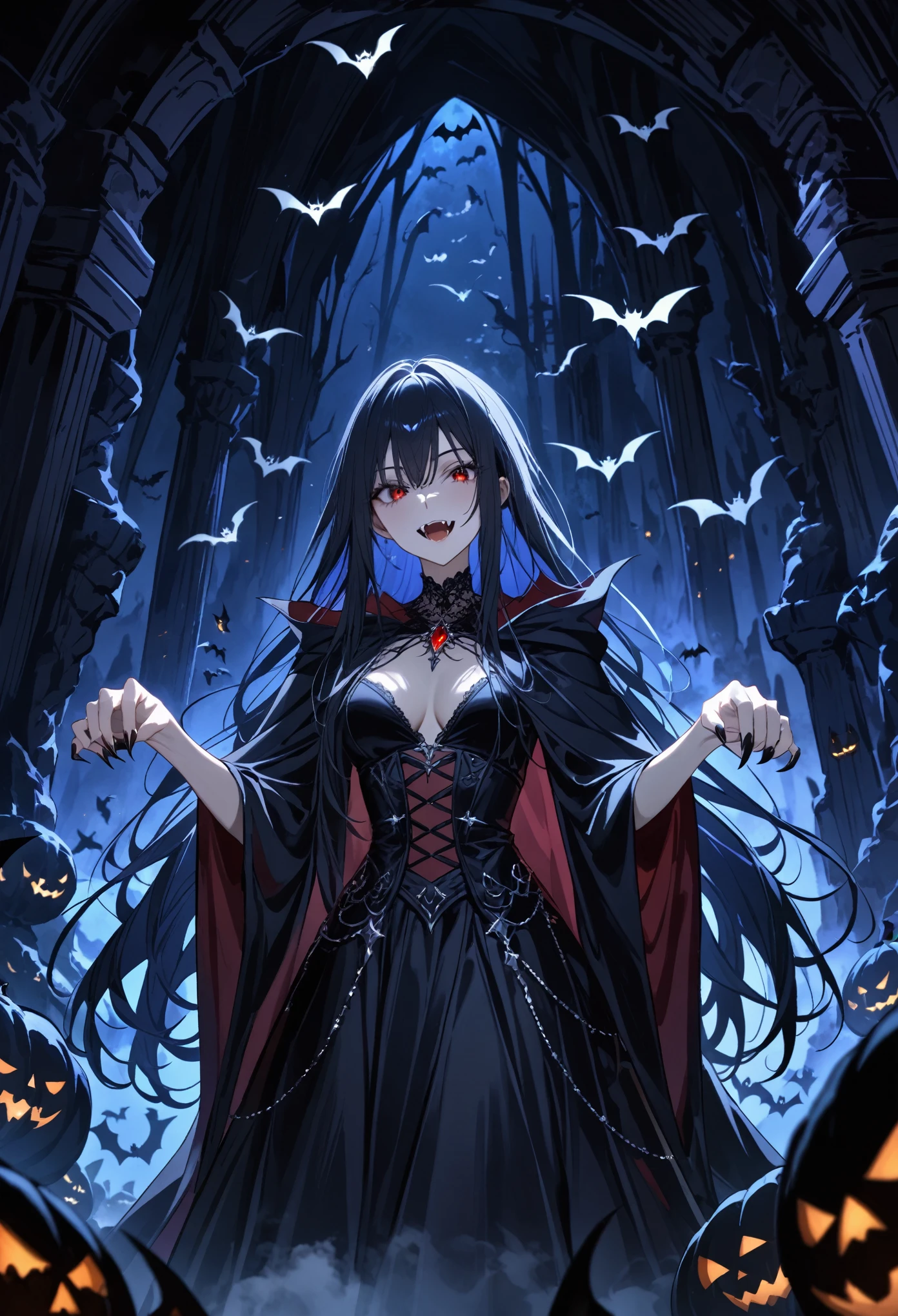 1girl, vampire, (sharp fangs:1.3), gothic setting, deep cave surrounded by swarming bats above, dark and mysterious, (masterpiece:1.3), (best quality:1.1), (4K UHD), long flowing hair, dark cloak partially concealing face, hiding behind cloak under the moonlight, eerie nighttime environment, intricate and elaborate clothing design, clawed "paw" pose, intense and haunting expression, dim and shadowy lighting, mystical fog rolling through the cave, a chilling yet alluring aura,hallow,nitz,