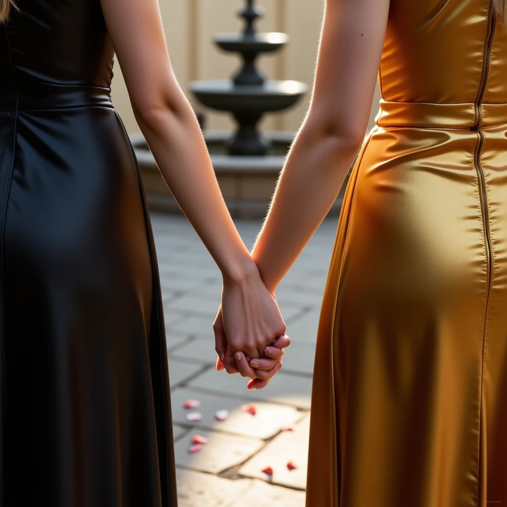 Detailed hand, Hand, Perfect hand, Feet, foot, feet focus  A close, detailed shot of Herra and Kasia’s hands intertwined, symbolizing the bond they share as they stand side by side. Herra’s black satin dress flows around her hand, its smooth, silky fabric contrasting with the shimmering, slightly textured metallic gold of Kasia’s dress. The natural late-afternoon sunlight casts a warm glow, bringing out the richness in their dresses—the black satin appears soft and fluid, while the gold fabric glimmers elegantly. The softly blurred background reveals a hint of the courtyard with the circular stone fountain, whose gentle bubbling creates a serene, tranquil ambiance. Scattered petals from nearby plants on the ground add an ethereal touch to the scene. This high-resolution image, captured with a Canon EOS R5 and a 100mm macro lens, focuses on the fine textures and warmth of their hands and dresses, evoking a nostalgic and deeply personal moment that celebrates the elegance and unity of their friendship