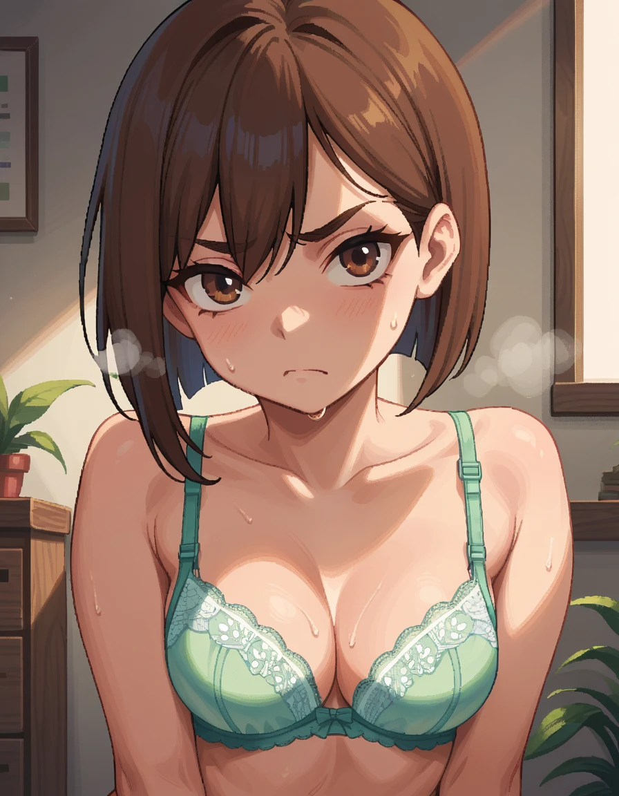 momo ayase, short hair, brown hair, brown eyes, bangs, thick eyebrows, medium breasts,,pixel art,,,looking viewer,sweating,steaming,frown,pastel color lace bra,lace panties,slender