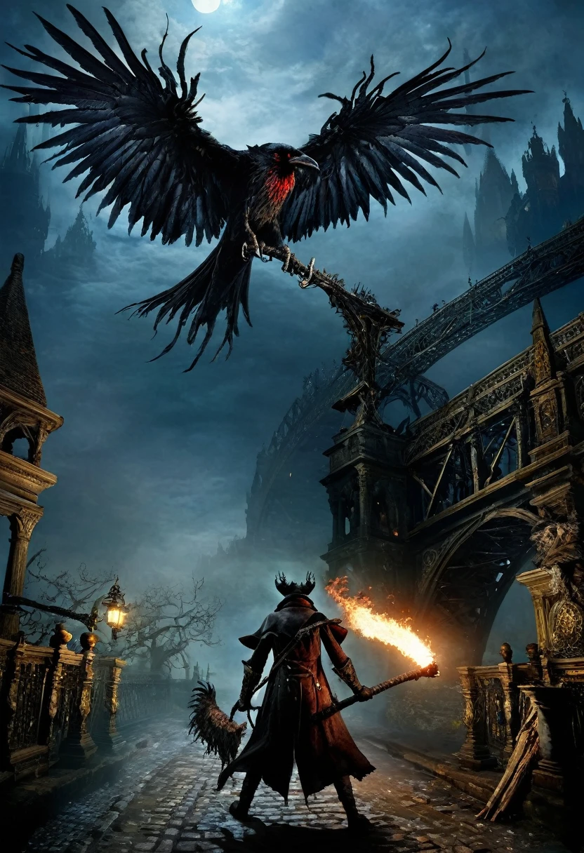  a bloodborne like hunter, Torch in left hand, Cane in right hand, bridge（1.2）Standing at、Huge with big wings（1.5）What a crow monster（1.3） looking up 、background, 宇宙的なbackground,  Dark Fantasy Art  ,  Best Quality , Wide Shots ,  Ultra Wide Angle, 