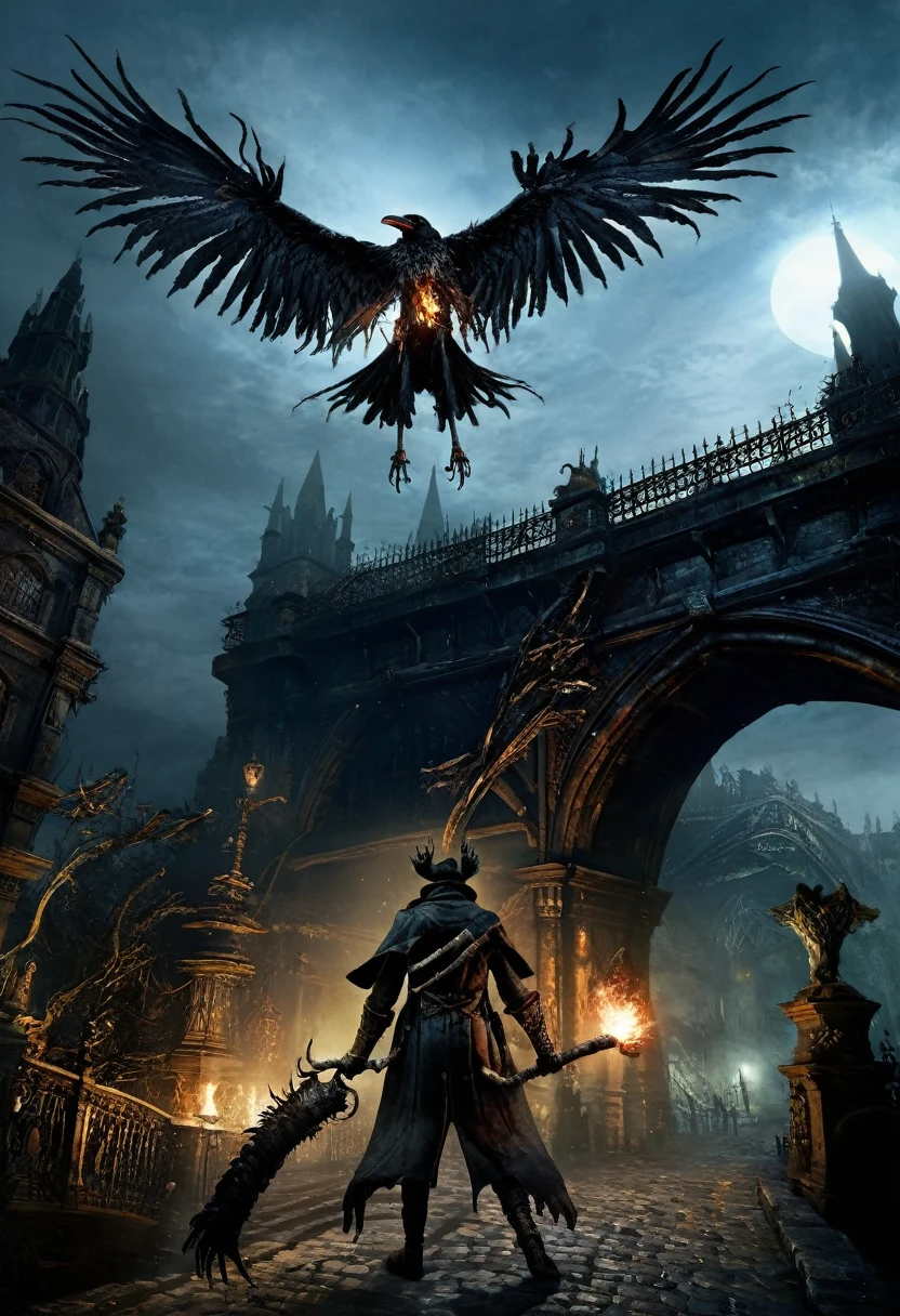  a bloodborne like hunter, Torch in left hand, Cane in right hand, bridge（1.2）Standing at、Huge with big wings（1.5）What a crow monster（1.3） looking up 、background, 宇宙的なbackground,  Dark Fantasy Art  ,  Best Quality , Wide Shots ,  Ultra Wide Angle, 