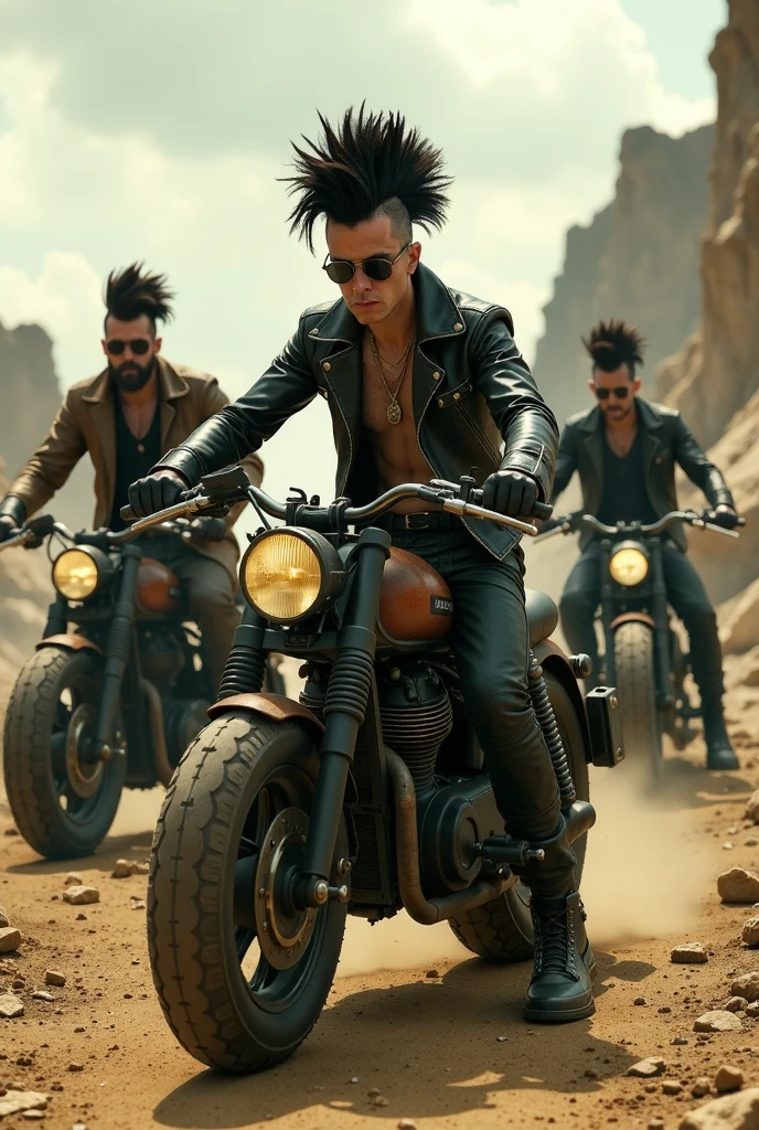 ((Worldview　 The Ruined World of Mad Max)),( post-apocalyptic),(wasteland),(Collapsed Building ),( Runaway Group of Inorganic Motorbikes)、(Leather Fashion),(Mohawk Mower Group),( provocative pose ),