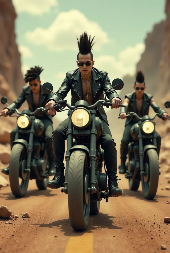 ((Worldview　 The Ruined World of Mad Max)),( post-apocalyptic),(wasteland),(Collapsed Building ),( Runaway Group of Inorganic Motorbikes)、(Leather Fashion),(Mohawk Mower Group),( provocative pose ),