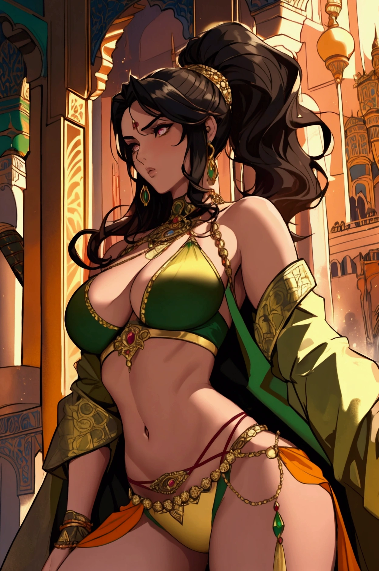 The image is a digital illustration depicting a strong and confident Moroccan Arab female character with a dynamic pose. She has a light caramel complexion and striking curly black hair styled in a high ponytail. Her facial expression is determined, with piercing and focused eyes. She wears a gold sports bra, gold shorts and a long green and gold coat with a shimmering sheen, the coat draped over her shoulders, emphasizing her athletic yet very feminine figure. Her arms and shoulders are adorned with intricate magical and luminous jewelry. The background depicts an urban setting in an ancient Arab city with a fiery glow, suggesting a dramatic or intense scene. The character holds the hilt of a short Arab-style blade. The overall color palette is warm, with dark oranges and reds dominating the composition, reinforcing the sense of action and energy.