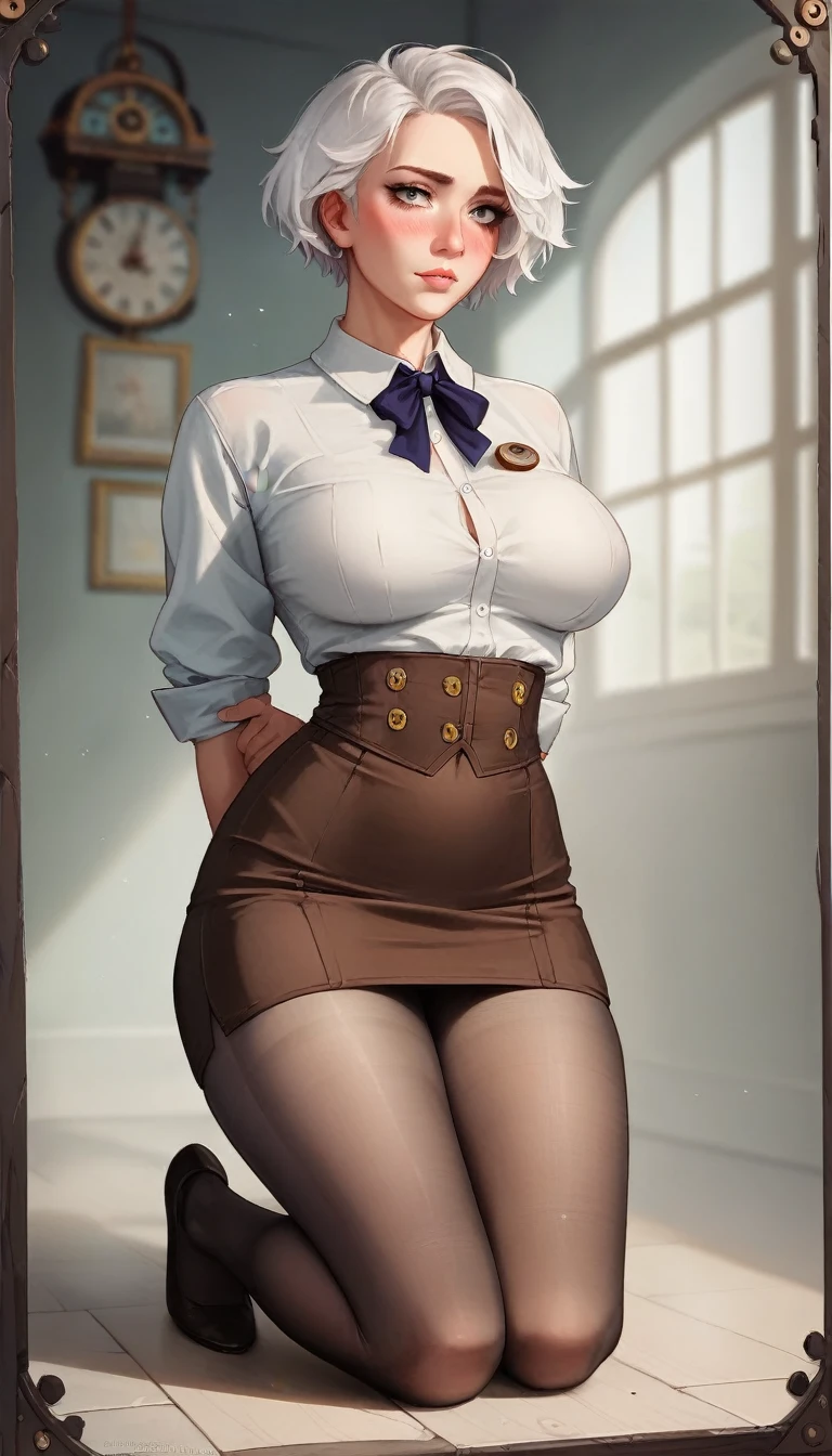 (((steampunk))),ultra realistic 8k cg, picture-perfect face, flawless, clean, masterpiece, professional artwork, famous artwork, perfect face, beautiful face, beautiful eyes, ((perfect female body)),large breasts, solo,, ,skirt,,blush,seductive expression,extremely detailed_eyes,thick thighs,((white hair)), short hair,, beautifully detailed background,depth of field,,bdsm,skindentation,full body,shirt,, pantyhose,