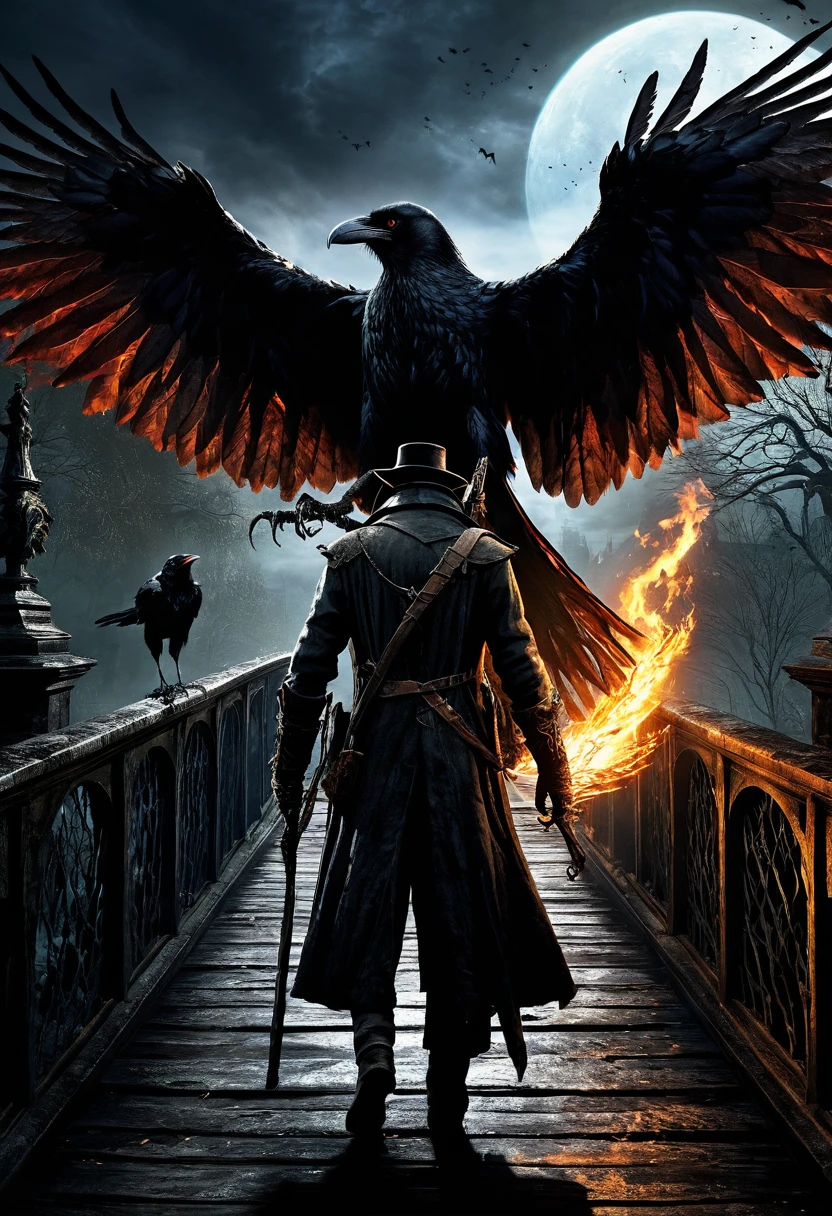  a bloodborne like hunter, Torch in left hand, Cane in right hand, bridge（1.2）Standing at、 is a giant crow with big wings（1.5）The monster （1.3） looking up 、background, 宇宙的なbackground,  Dark Fantasy Art  ,  Best Quality , Wide Shots ,  Ultra Wide Angle, 