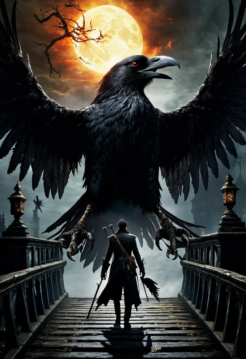  a bloodborne like hunter, Torch in left hand, Cane in right hand, bridge（1.2）Standing at、 is a giant crow with big wings（1.5）The monster （1.3） looking up 、background, 宇宙的なbackground,  Dark Fantasy Art  ,  Best Quality , Wide Shots ,  Ultra Wide Angle, 