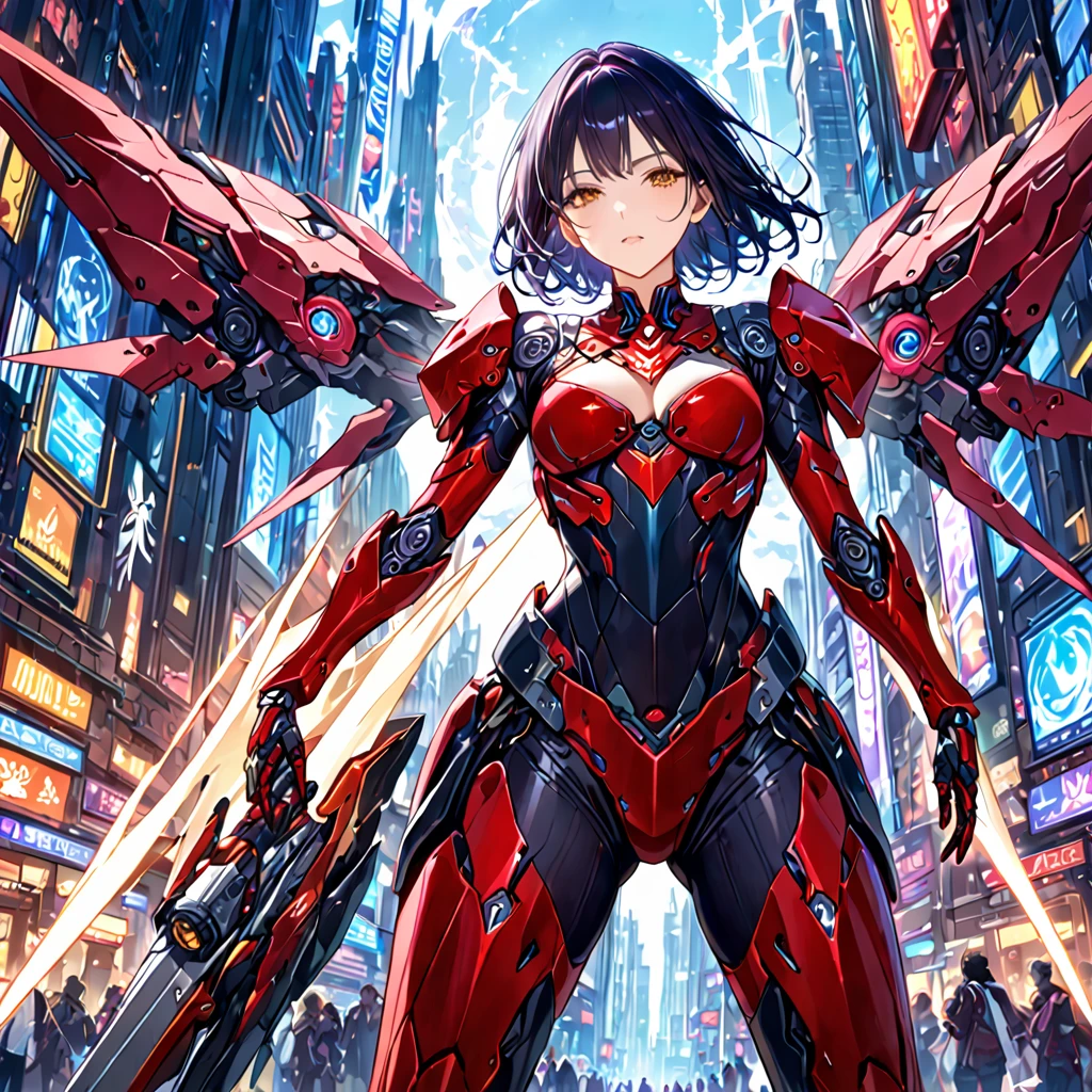 Best Quality ,masterpiece, Illustration,  very delicate and beautiful ,  extremely detailed ,CG ,Unity ,8k wallpaper, wonderful, Detailed , masterpiece,Best Quality,Official Art, extremely detailed CG Unity 8k wallpaper,Absurd, incredibly Absurd, Super detailed,  high definition,  extremely detailed, beautiful girl with great attention to detail, light on face,  1 girl, Mecha, armor, Mechanical_body,  Black Hair ,  Spaceship, city,  cyberpunk, star_null,  (masterpiece:1.2), (best quality:1.2), (very aesthetic:1.2), (absurdres:1.2), (detailed background), newest, ((safe)), intricate, highly detailed skin