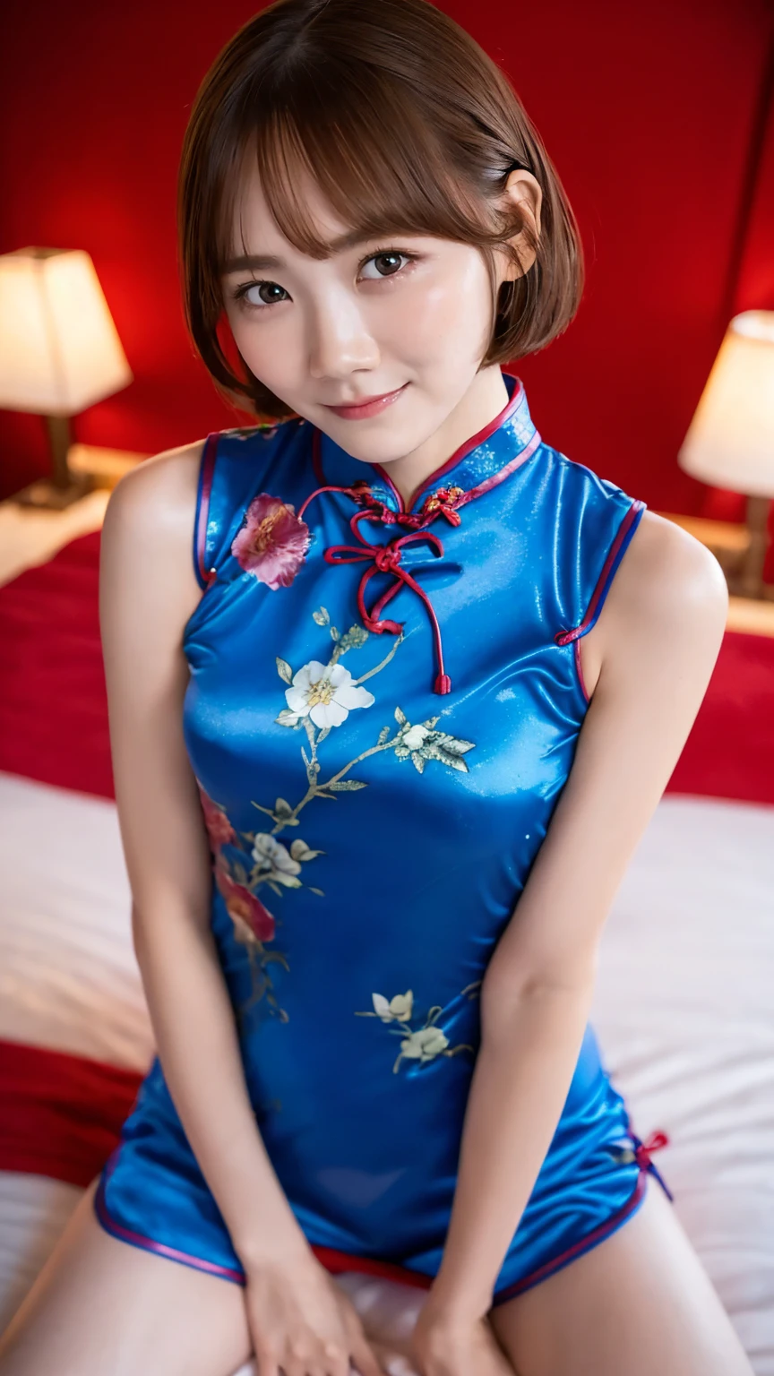 ((lie on back, spread legs up ):1.2), 1 girl,(cheongsam:1.3),no makeup,,  PERFECT BODY ,Hotel Bedroom, short stature , (medium breasts:1.3),  medium bob hair,Hands Behind Back, Colorful Outfit  ,smile,Slim body,((12years old):1.3), full body portrait:1.3, Delicate Sexy Collarbone ,Best Quality,  RAW Photos, Realistic, baby face,cute,  high definition,  Details, Very  Details, extremely  Details eye and 顔, Sharp pupils,  sharp concentration,(cinematic lighting),