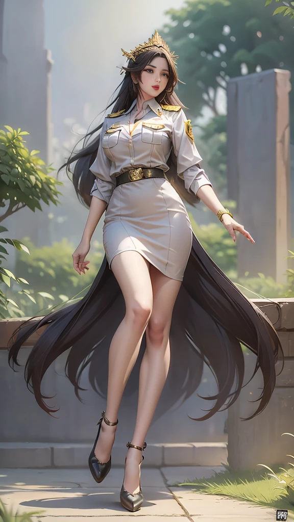 Beautiful girl, Long legs, Thin, Long hair, (( full body image:1.5)), Khaki suit, Khaki civil servant, Short sleeves, Thai teacher uniform:1.3, Unbuttoned ,  Open Bust Show , Long hairสองเมตร, Long hairที่ดึงดูดสายตา, Long hairดำ, Her hair is very long., Long hairเป็นเงางาม, Long hairหนานุ่ม, Dynamic Post, เสื้อเชิ้ตShort sleevesสีกากี, Short pencil skirtสีกากี, Side slit,  decorated with military insignia,  black high heels , The sexiest, Small waist, Hip lift, Small thighs, Long legs, Small thighs, ( Big Bust:1.5, Big breasts, Very big breasts, Eye-catching chest,  Giant Cleavage), Tight chest ,  pointed breast, สาวLong hairสองเมตร, Beautiful face,  red lips, Very shadowy, แต่งBeautiful face,  Military insignia , Short pencil skirt, Tighten, Mini skirtพิเศษ, Mini skirtมาก, Mini skirt, เสื้อเชิ้ตShort sleeves, Tight, In the background, Blurry Garden., Holding a textbook, Big breasts:1.3, เสริมBig breasts,  perfect body ,  anatomically correct , Height 172 cm , Tighten the tummy,