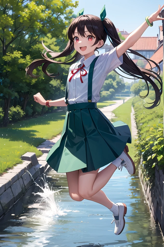 (masterpiece, Best Quality,   Details),  1 girl, Alone, Mayoi Hachikuji, Long Hair, Brown Hair, red eyes,  flat chest,  twin tails, hair ribbon,  white hair band,  school uniform that looks like an emotional face, skirt, shirt, ribbon,  green bracelet , white shirt, Short sleeve, blue skirt,  suspenders, suspender skirt, star \(symbol\), Outdoor, Home, countryside, village, scenery, path, river,  bridge , jumping,   outstretched arm,  raise your arms , Hollow,  happy , smile,  opens her mouth, ren&#39;s Underwear, 捲れるskirt, s shorts, Low Angle, skirtをめくる,  angle from directly below to widen the vagina,  K Crotch Closeup , skirtの中を見る,  I can see my underwear 