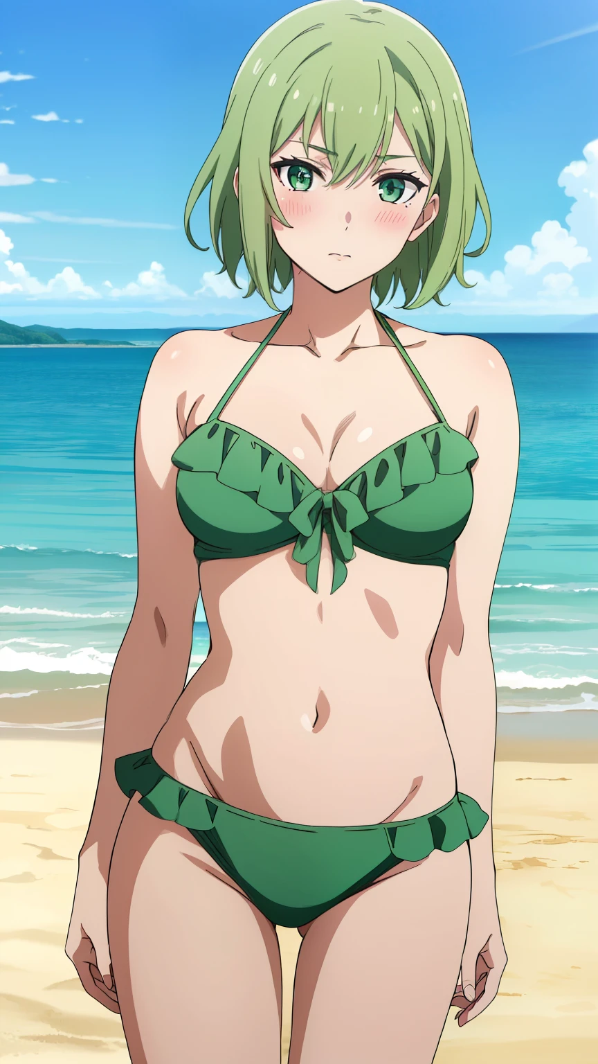 (masterpiece, best quality, high resolution, 8k:1.2), (anime coloring:1.2), highly detailed, beautiful eyes, perfect eyes, fine eyes, green eyes, featuring big highlights, detailed face, highly detailed, fine eyes, symmetrical eyes, one girl, alone, green hair, short hair, (medium breast), slim body, nffsw, (green bikini, frills, beach, blushing), looking at the viewer, in the center of the image, (cowboy shot:1.2), dutch angle,