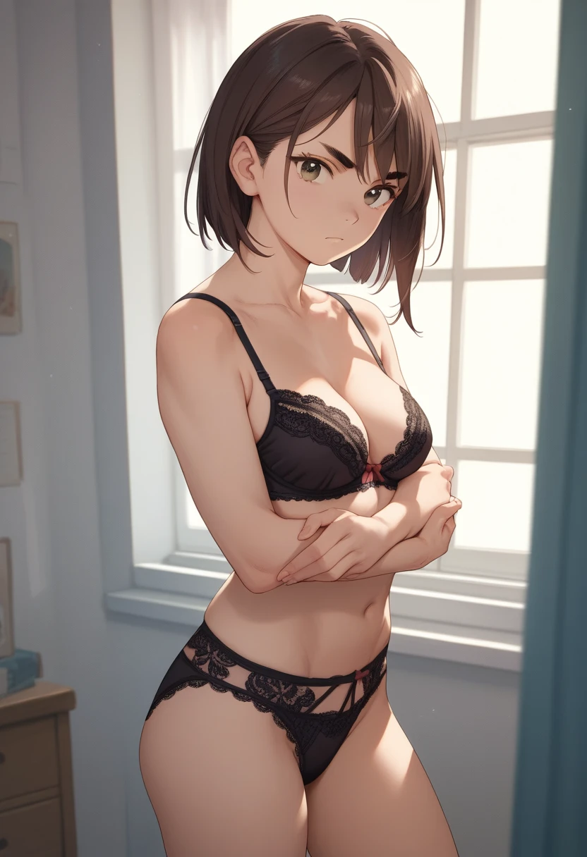 momo ayase, short hair, brown hair, brown eyes, bangs, thick eyebrows, medium breasts,lace bra,lace panties,,standing,looking viewer