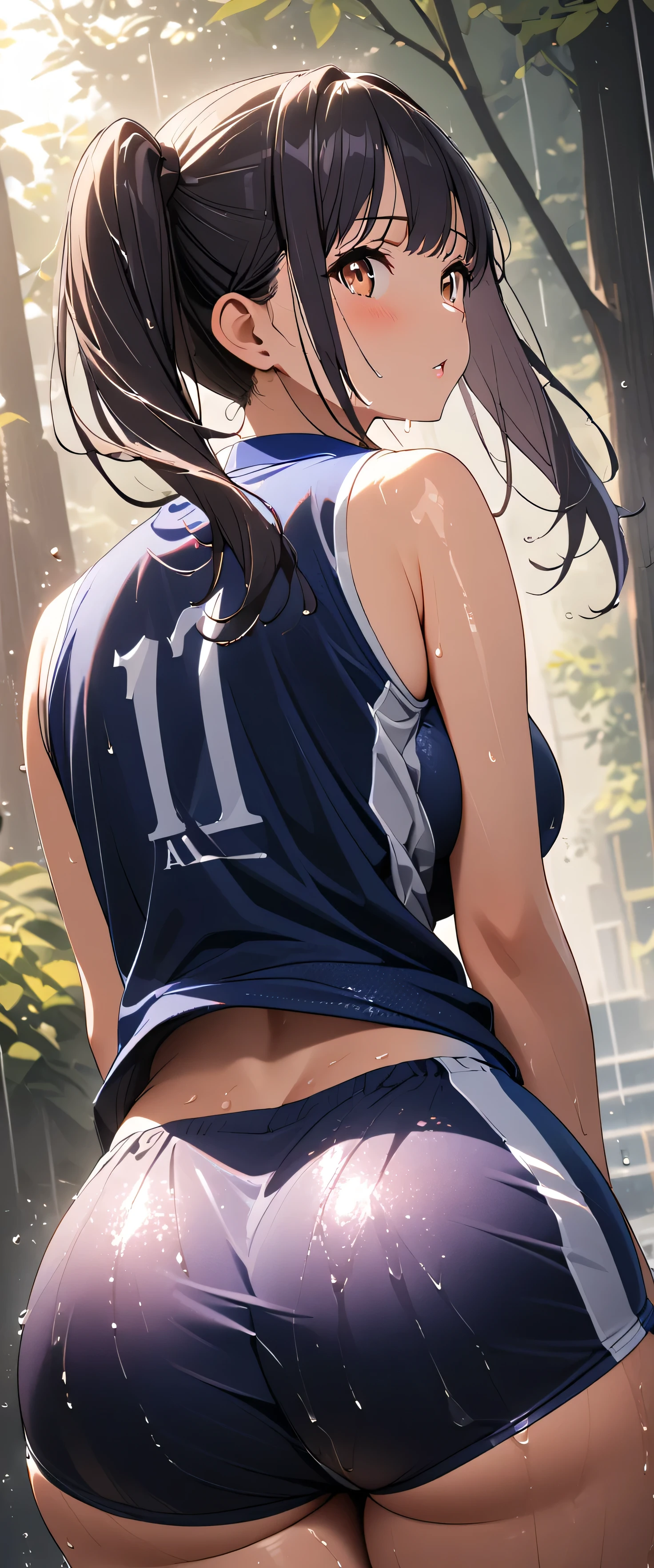 (beautiful girl:1.3),1girl,masterpiece,Highest quality,Ultra-high resolution,rich contrast,super high quality,8k,Highly detailed CG unit wallpaper,texture,Incredibly absurd,Ultra-high resolution,Highest quality anime,professional photograph,an extremely delicate and beautiful,RAW Photos,Depth of Field 1.2,ultra-detailed eyes,Glowing Skin,Glitter Effect,Beautiful glossy lips,rainが滴る葉, Sunlight shining through trees ,rain,Sigh, looks up,(Wet),volleyball uniform,Big Breasts,(((Big Round Ass))),Embarrassing,blush,Leaning forward,Looking up,Tilt your head,Yamada Anna,dark blue hair,brown eyes, twin tails,(Rear View:1.5),( butt close-up:2.0)