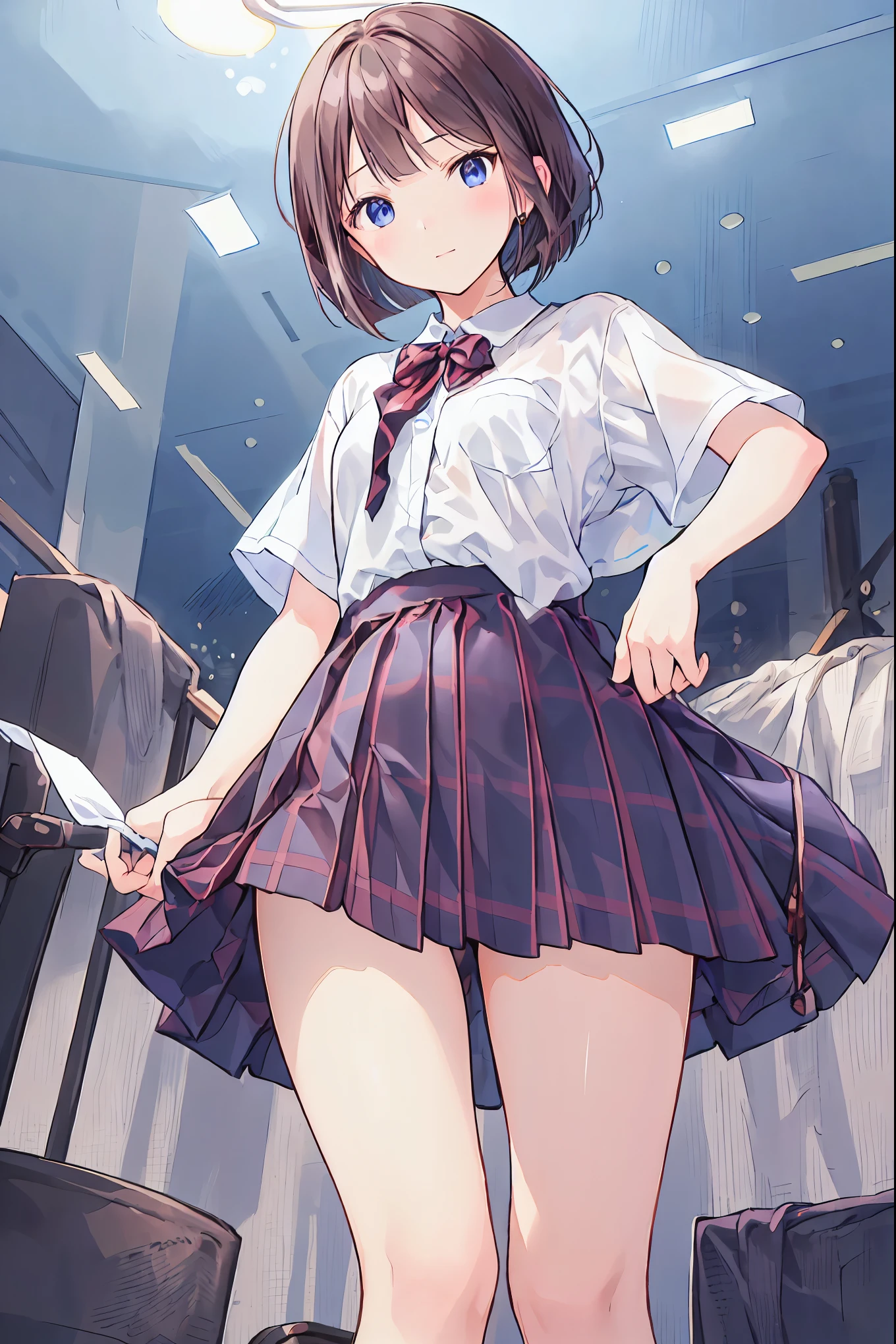 (Best Quality), ( very detailed), ( best illustration), (masterpiece), (woman),  high-contrast , (Small breasts), {Brown Hair, ( bob cut :1.3),  curly hair ,  hair between eyes , Internal hair color}, {(fine grain),  blue eyes }, ,  earrings for a woman alone, wind,Brown Hair， shortcuts， Unkempt Hair ，Short braided hair，Neat，Slender beauty，Correct posture，Small chest，Beautiful legs， enchanting gray-blue eyes shine like stars，Droopy eyes， bright color, beautiful eyes,A delicate smile,Textured Skin, best quality ,優しくて美しいwoman,アニメwind､