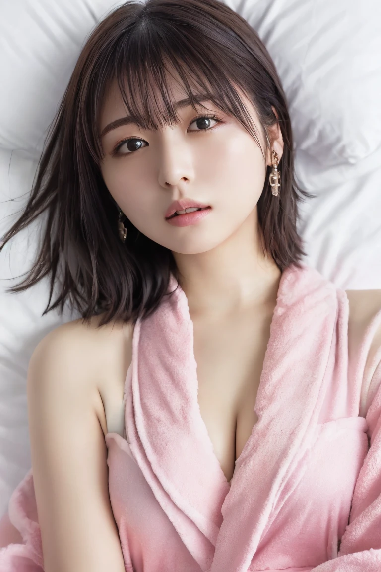 masterpiece, Best Quality,  one woman, (Pink bathrobe:1.2), 20 years old、(RAW 写真Best Quality), (reality, reality的:1.4),  sexy、iris、 very detailed eyes and face ,  beautiful and detailed nose, beautiful eyes,  perfect anatomy、 short hair、 cleavage、 Shiny Skin、 blush cheeks、Get drunk、eyes half closed, Frightened expression、Open lips、  lies down、bed、 angle from above、