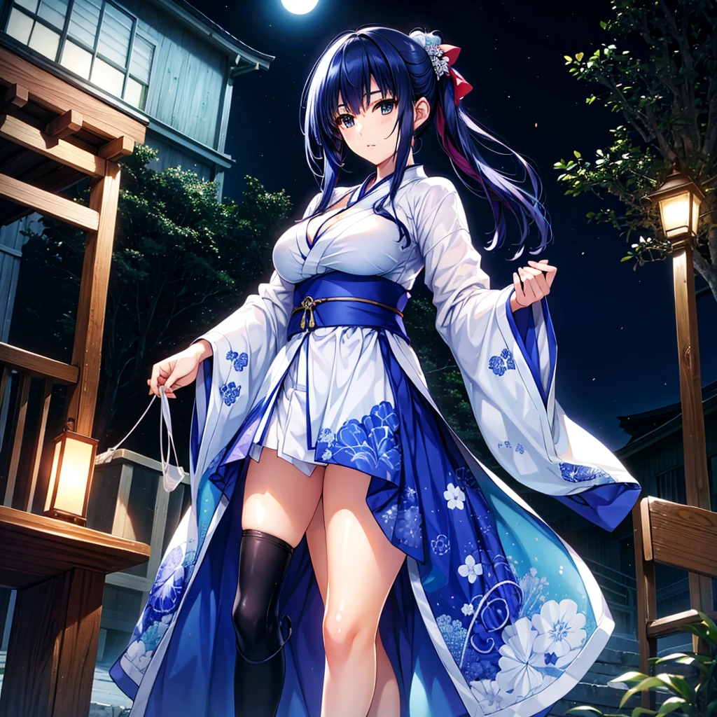 ((Beautiful ultramarine blue hair 、Tree Eyes、Two adult women、Shrine maiden costume、 white kimono、White string panties、 bottomless、Big Breasts、 cleavage、Captivating thighs、geta、 holding an amulet in her hand、 adult woman on the house、from below))、 glamorous body、Extremely sexy、White tabi socks、Moonlit Night、 standing 、Beautiful long legs、 cowboy shot、from below