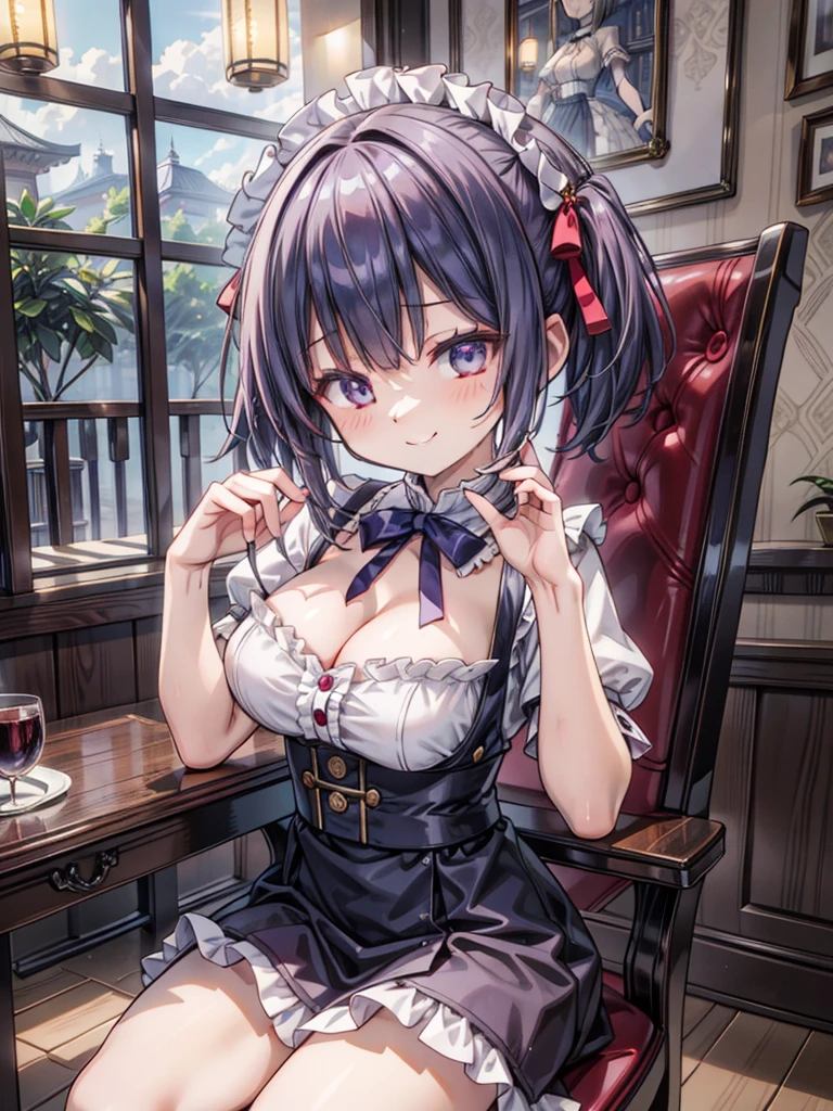 (masterpiece, ultra-detailed, best quality, clear focus, dramatic scene, shadow, cinematography), (ultra-high resolution, 8k), detailed eyes, perfect face, (detailed face, detailed eye), solo, 1 woman, teenage fragile Japanese girl, slim waist, very beautiful with cute face but cool face, (she is sitting on the gorgeous antique chair at historic French restaurant:1.2), gorgeous dinner with wine, (wearing a cute costume with frills:1.2), (very large breasts), slim waist, smile,