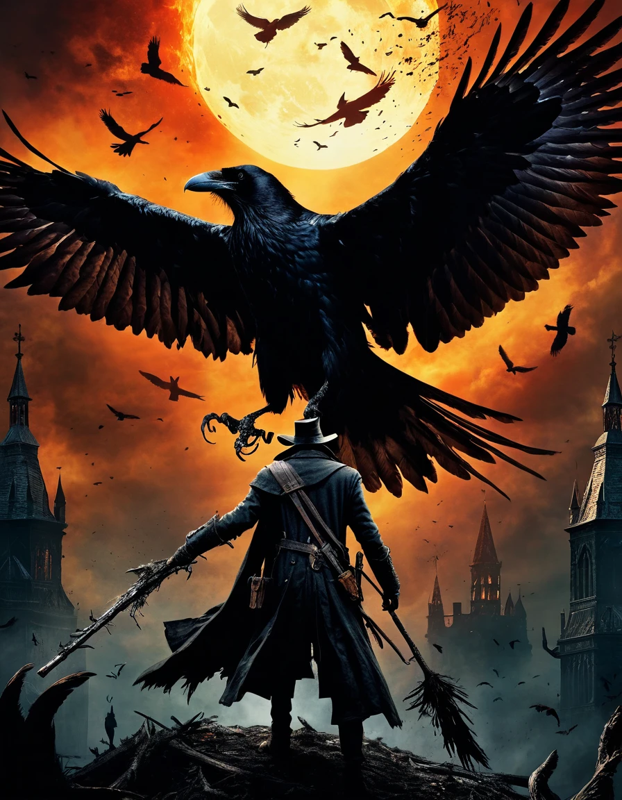  a bloodborne like hunter, Torch in left hand, Cane in right hand,  a huge crow with big wings（1.5）The monster （1.3） looking up 、A crow looks like it's attacking a hunter （1.3）background, 宇宙的なbackground,  Dark Fantasy Art  ,  Best Quality , Wide Shots ,  Ultra Wide Angle, 