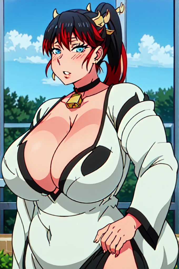 NANBU_KAGUYA,TWO-TONE HAIR,RED HAIR,BLACK HAIR, ((SUPER PONYTAIL)), 1girl, solo, upper body, facing viewer, looking at viewer, cleavage.(((vertical bar earring))),(((Chocker with cow bell))),Cleavage,Curvy figure,Enchanted big breast,Puckered lips,Milf,Colorless lips,Long blue nail,Gold chain necklace,Wedding ring,Golden bracelet,Ox horn headband,Side burn hair,Ear visible,light blue Eyeshadow,Hime cut bang,Side burn hair,Curvy figure,Wide hip,Human body anatomy,light blue kimono