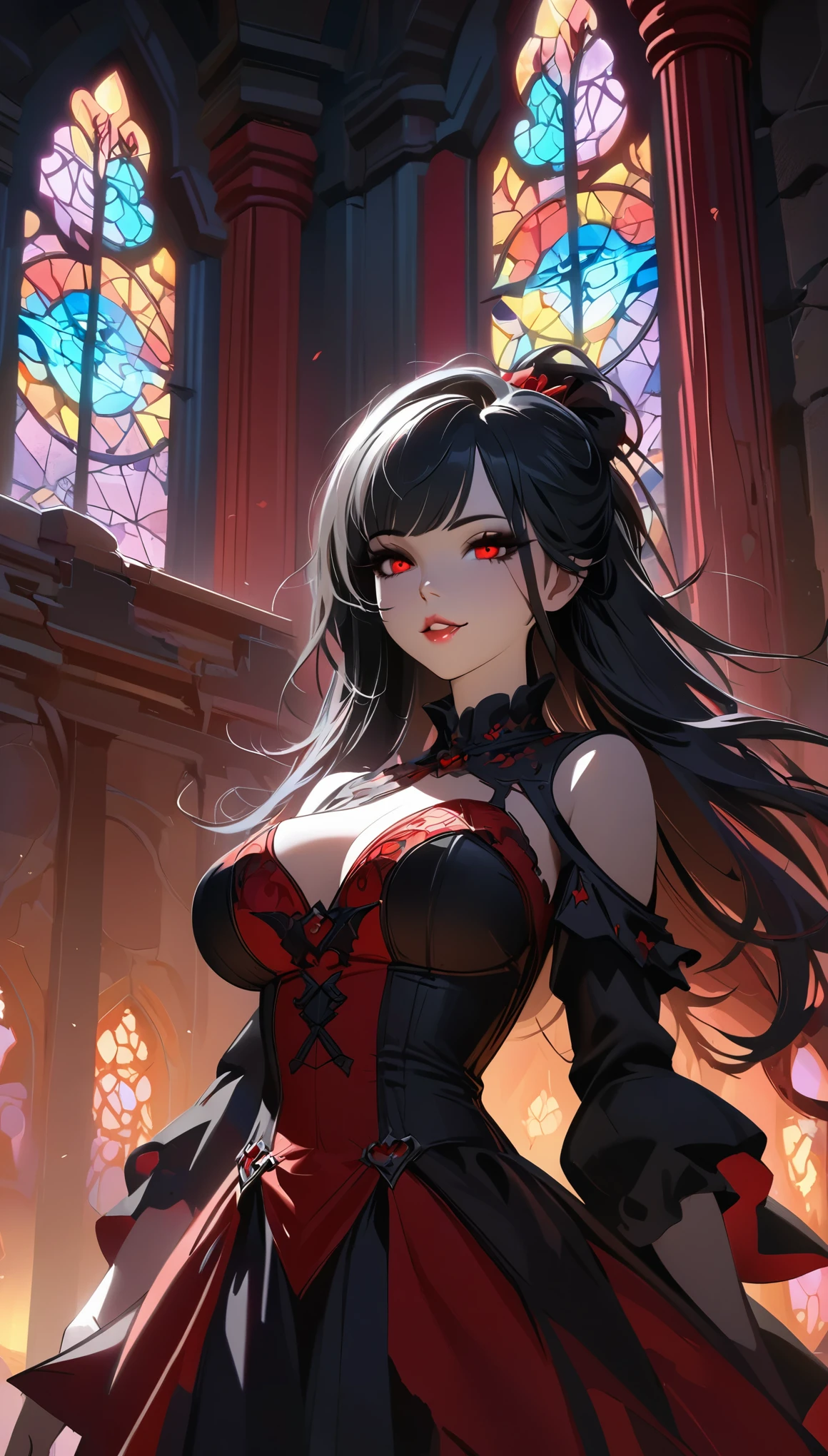 beautiful young vampire girl ,  Cute Vampire , 1girl, ((Detailed face、Beautiful red eyes、Moist lips、 long eyelashes )),  black hair long straight,  staring at viewers with a smile ,  mouth, Show your fangs,  big breasts at the temple,  slender body,  gothic ta style dress, Black and red color scheme, Dilapidated Western-style building,  Stained Glass, Colorful light, Dark Night Light ,  dark fantasy,  Dramatic Lighting ,  Moody Atmosphere ,  cinematic composition,  chiaroscuro ,  digital painting,  concept art style , ( high quality, 8k,  very detailed, Beautiful CG illustrations), masterpiece:1.2.