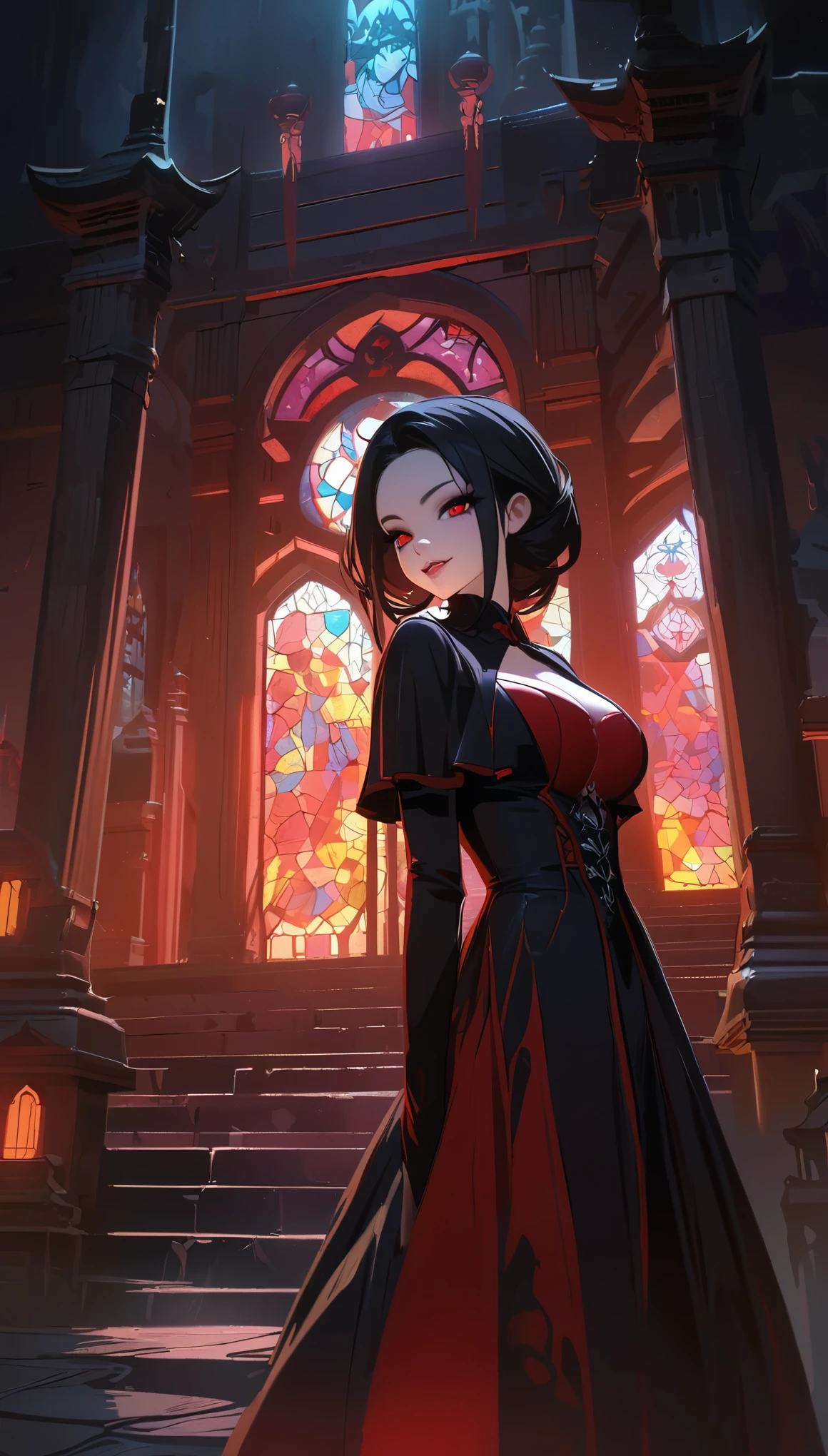 beautiful young vampire girl ,  Cute Vampire , 1girl, ((Detailed face、Beautiful red eyes、Moist lips、 long eyelashes )),  black hair long straight,  staring at viewers with a smile ,  mouth, Show your fangs,  big breasts at the temple,  slender body,  gothic ta style dress, Black and red color scheme, Dilapidated Western-style building,  Stained Glass, Colorful light, Dark Night Light ,  dark fantasy,  Dramatic Lighting ,  Moody Atmosphere ,  cinematic composition,  chiaroscuro ,  digital painting,  concept art style ,  Soft Focus :1.2, ( high quality, 8k,  very detailed, Beautiful CG illustrations), masterpiece:1.2.