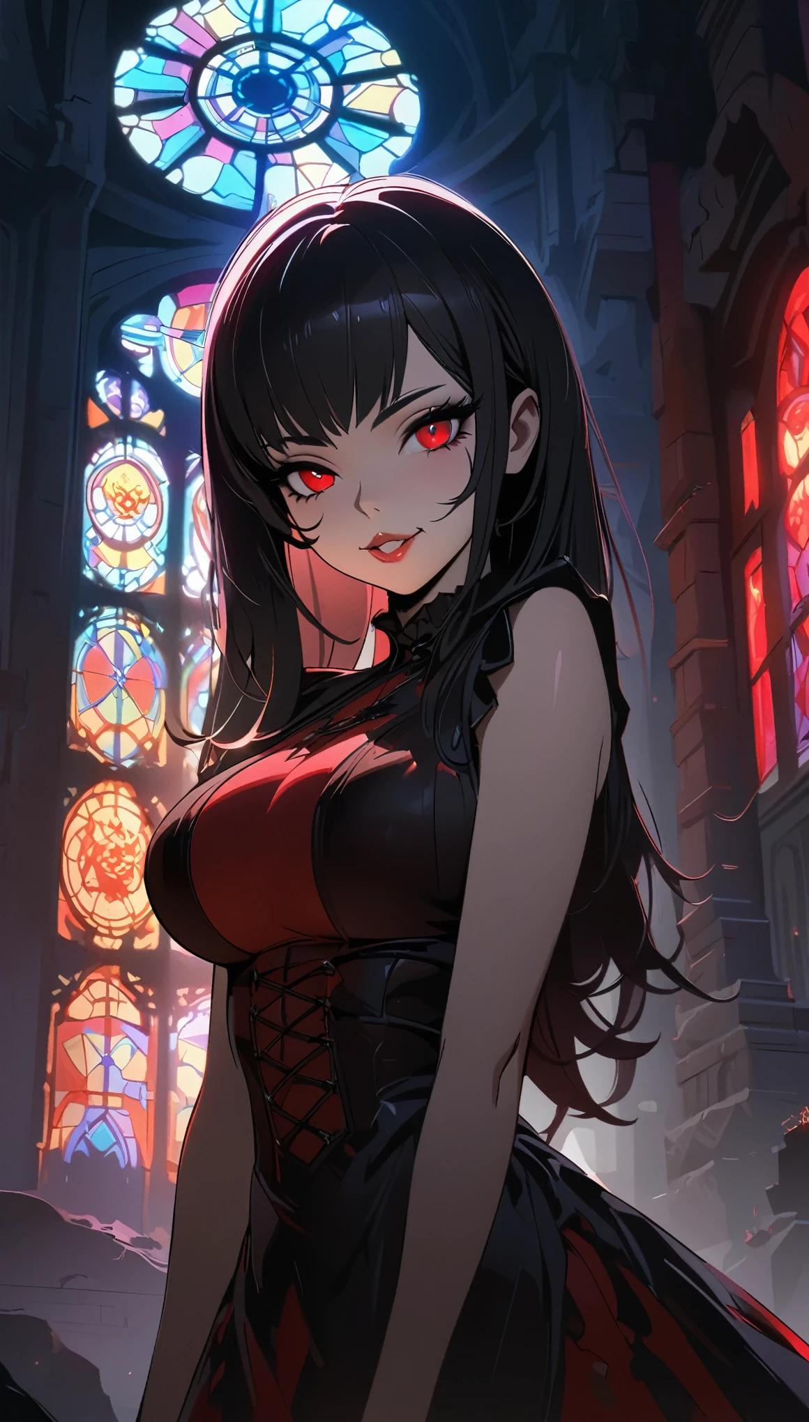 beautiful young vampire girl ,  Cute Vampire , 1girl, ((Detailed face、Beautiful red eyes、Moist lips、 long eyelashes )),  black hair long straight,  staring at viewers with a smile ,  mouth, Show your fangs,  big breasts at the temple,  slender body,  gothic ta style dress, Black and red color scheme, Dilapidated Western-style building,  Stained Glass, Colorful light, Dark Night Light ,  dark fantasy,  Dramatic Lighting ,  Moody Atmosphere ,  cinematic composition,  chiaroscuro ,  digital painting,  concept art style , ( high quality, 8k,  very detailed, Beautiful CG illustrations), masterpiece:1.2.